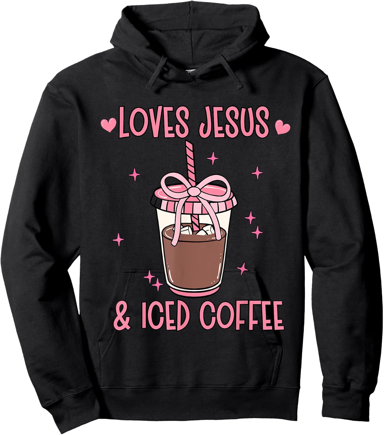 Loves Jesus & Iced Coffee Girly Hearts Stars Bow Christian Hoodie - Hoodie | Black