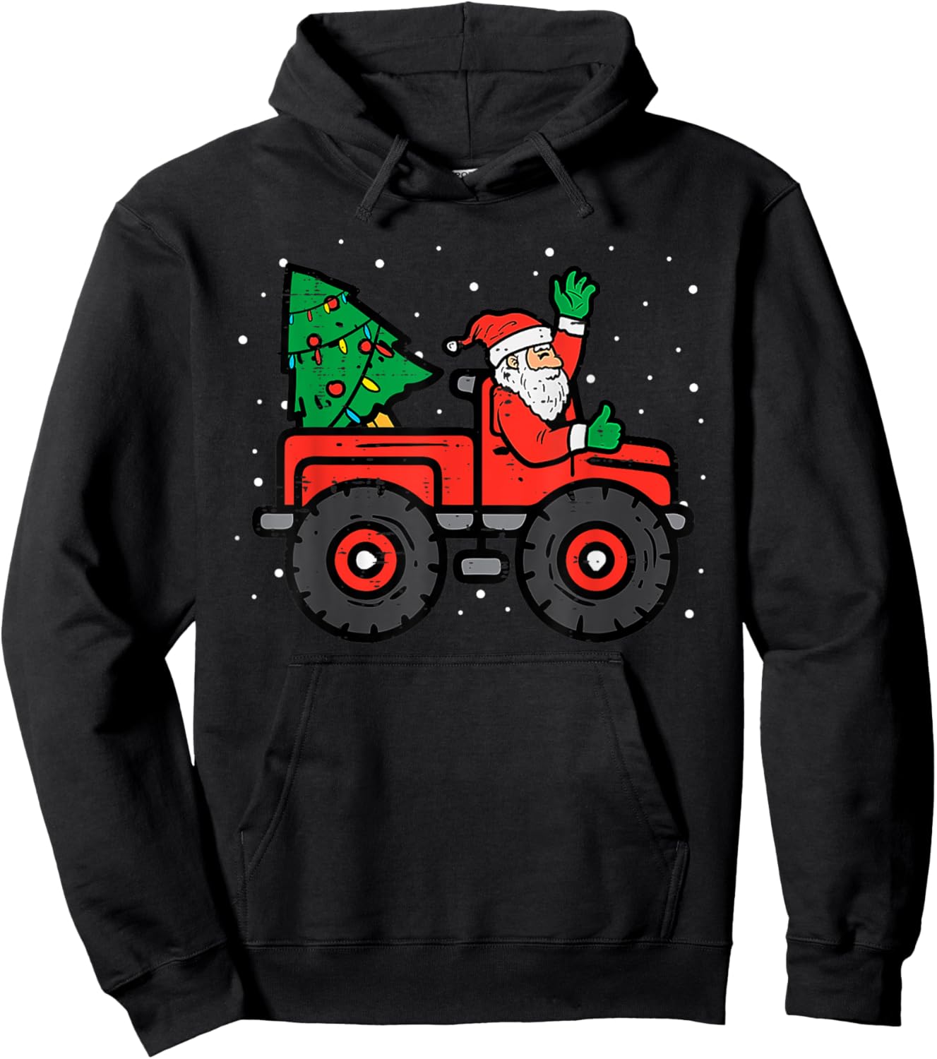 Santa Riding Monster Truck Christmas Tree Lights Kid Toddler Hoodie - Hoodie | Black