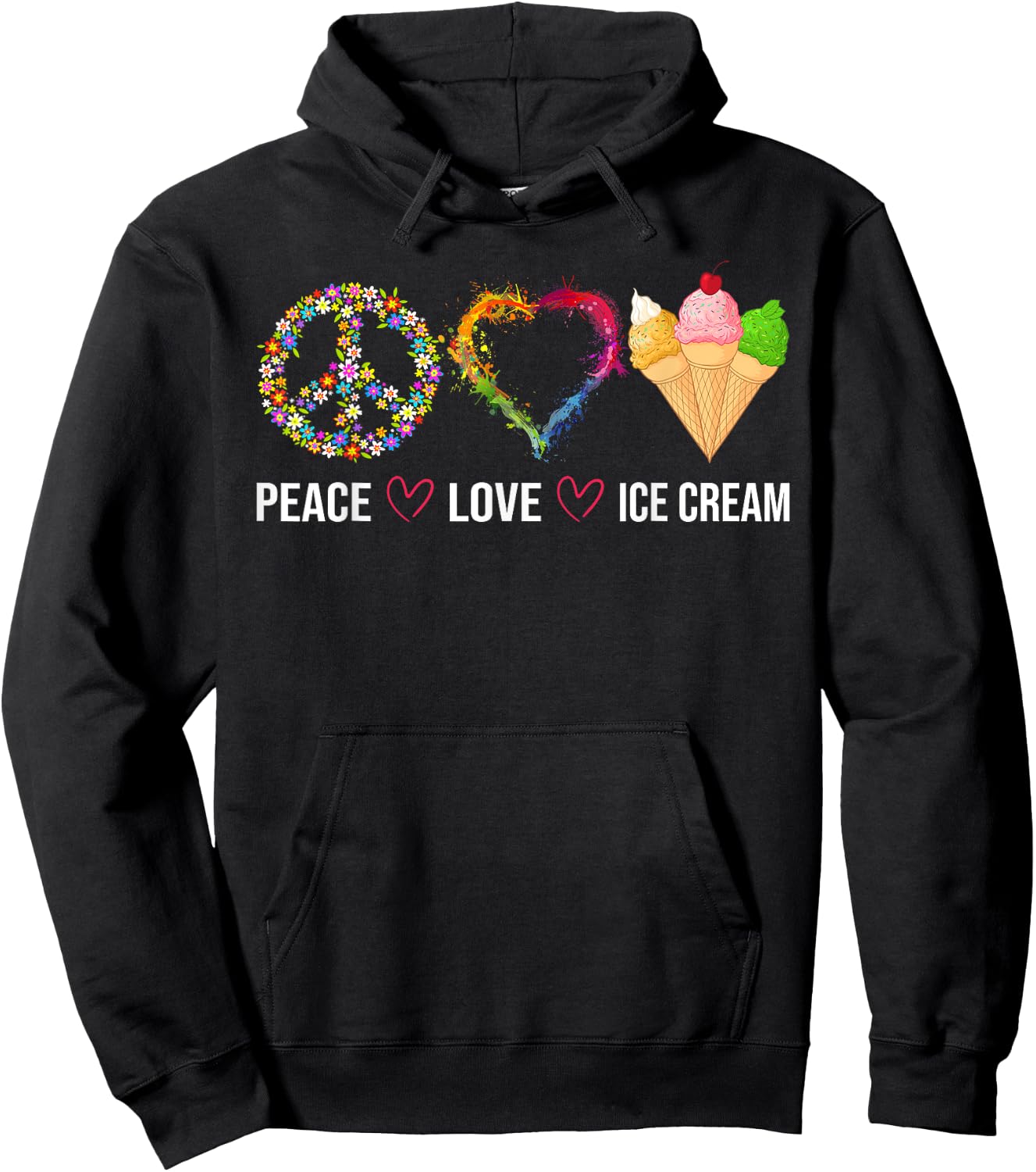 Peace Love Ice Cream Cute for Girls Teens Women Hoodie - Hoodie | Black