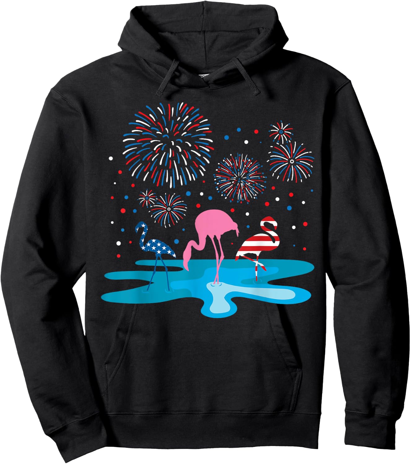 Flamingo 4th of July Fireworks Patriotic American USA Flag Hoodie - Hoodie | Black