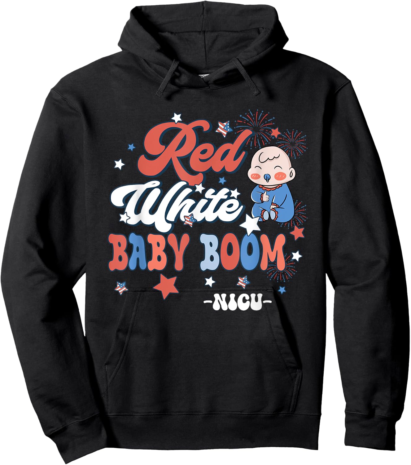 Retro Groovy Red White & Baby Boom NICU Nurse 4th Of July Hoodie - Hoodie | Black