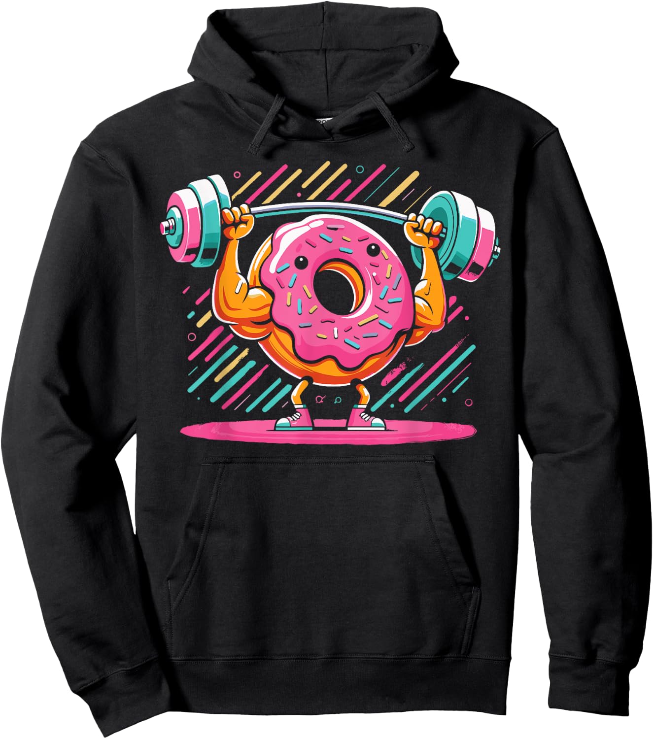 Funny Doughnut Weightlifting | Cartoon Donut Gym Workout Hoodie - Hoodie | Black