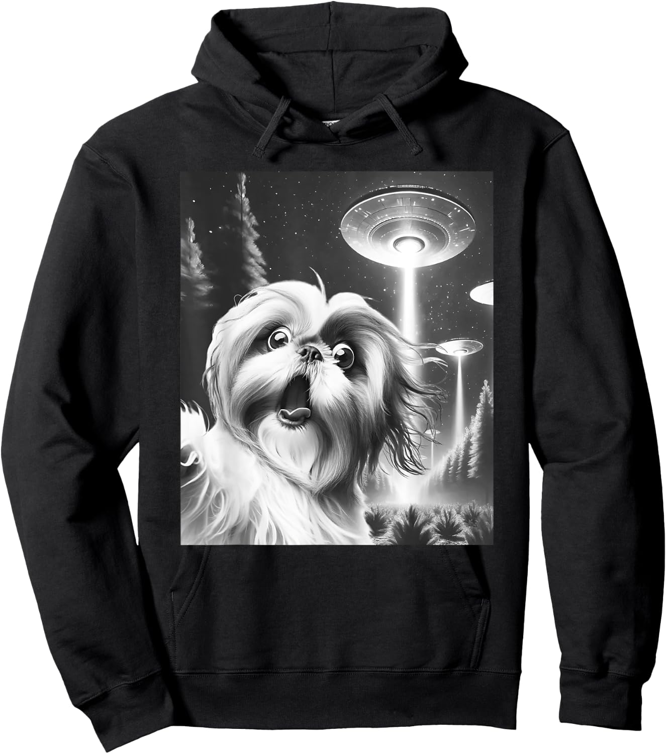 Funny Shih Tzu Alien UFO Taking a Selfie Dog Mom Dad Men Women Girls Kids Hoodie - Hoodie | Black