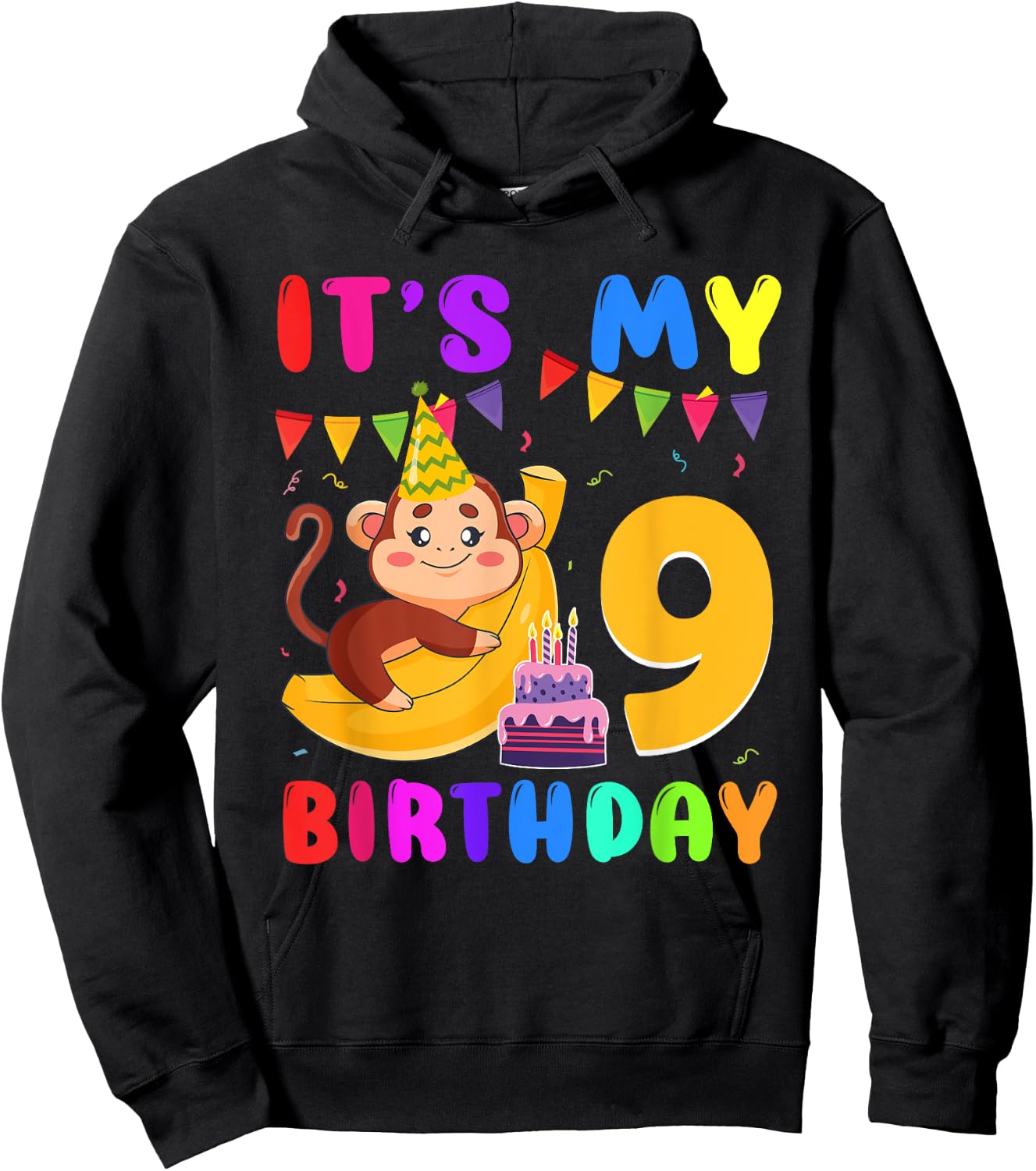 It's My 9th Birthday Monkey 9 Year Old Party Boys Girls Kids Hoodie - Hoodie | Black