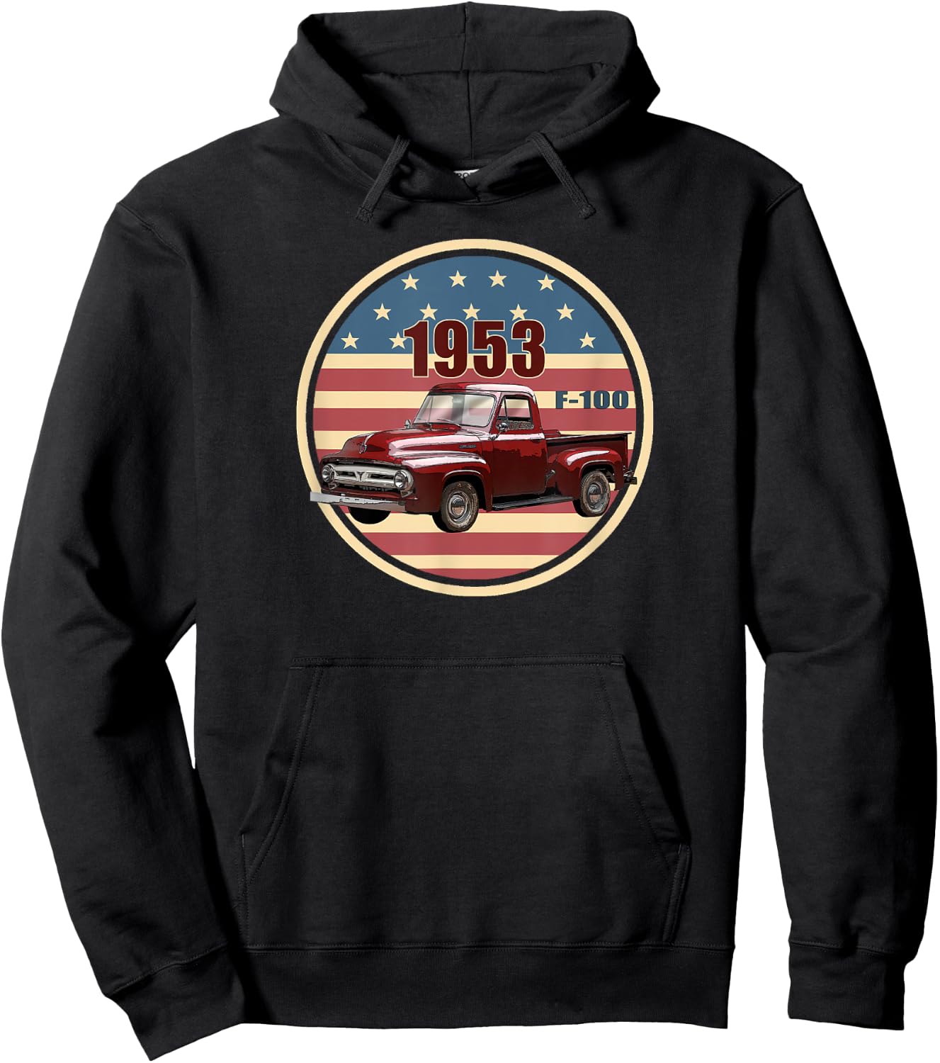 Vintage 1953 F-100, Red Pick Up Trucks, Hot Rod, Patriotic Hoodie - Hoodie | Black