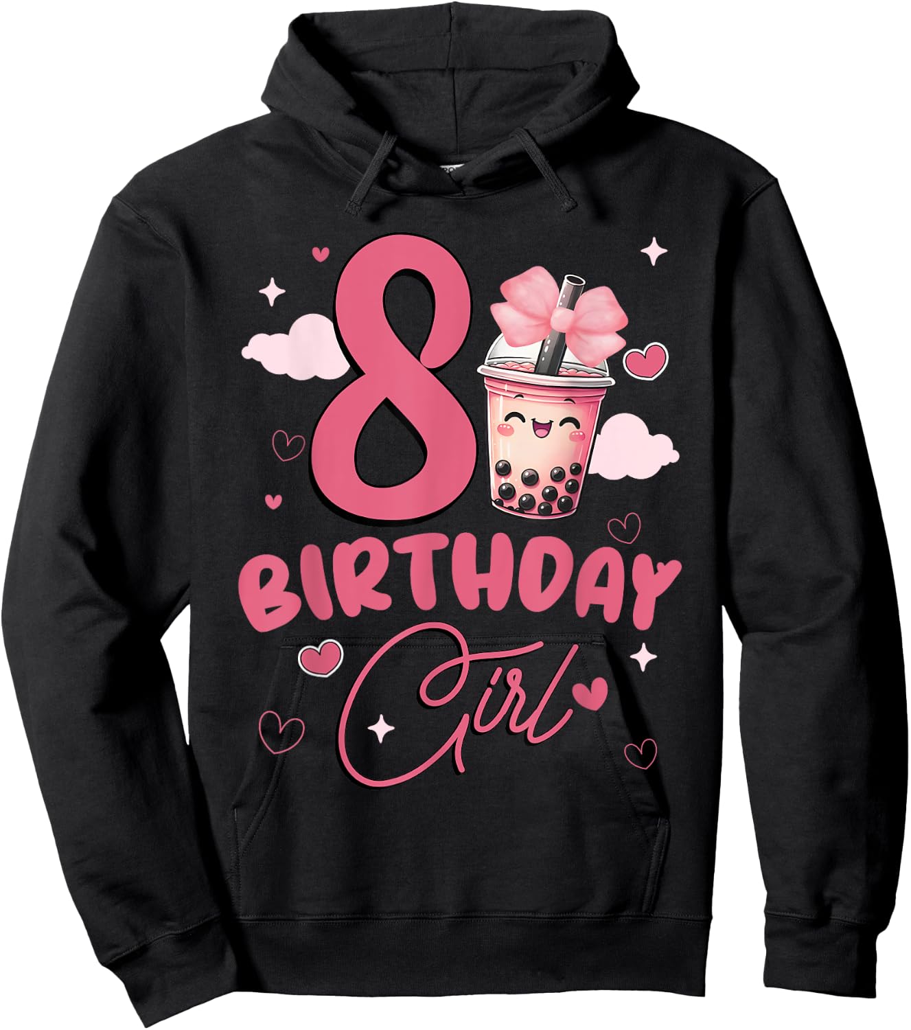 Happy 8th Birthday Girl Cute Pink Bow Bubble Boba Tea Anime Hoodie - Hoodie | Black