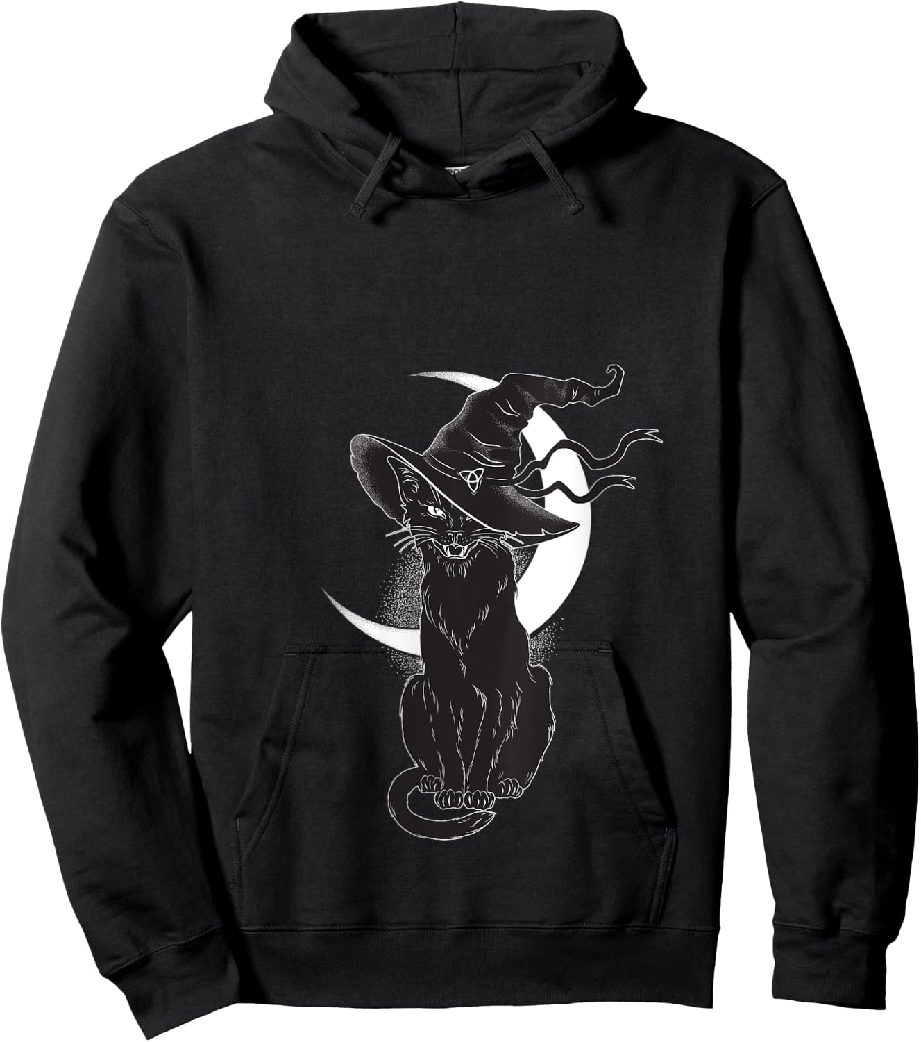 Vintage Scary Halloween Black Cat Costume Witch Hat & Moon V-Neck Hoodie - Hoodie | Black