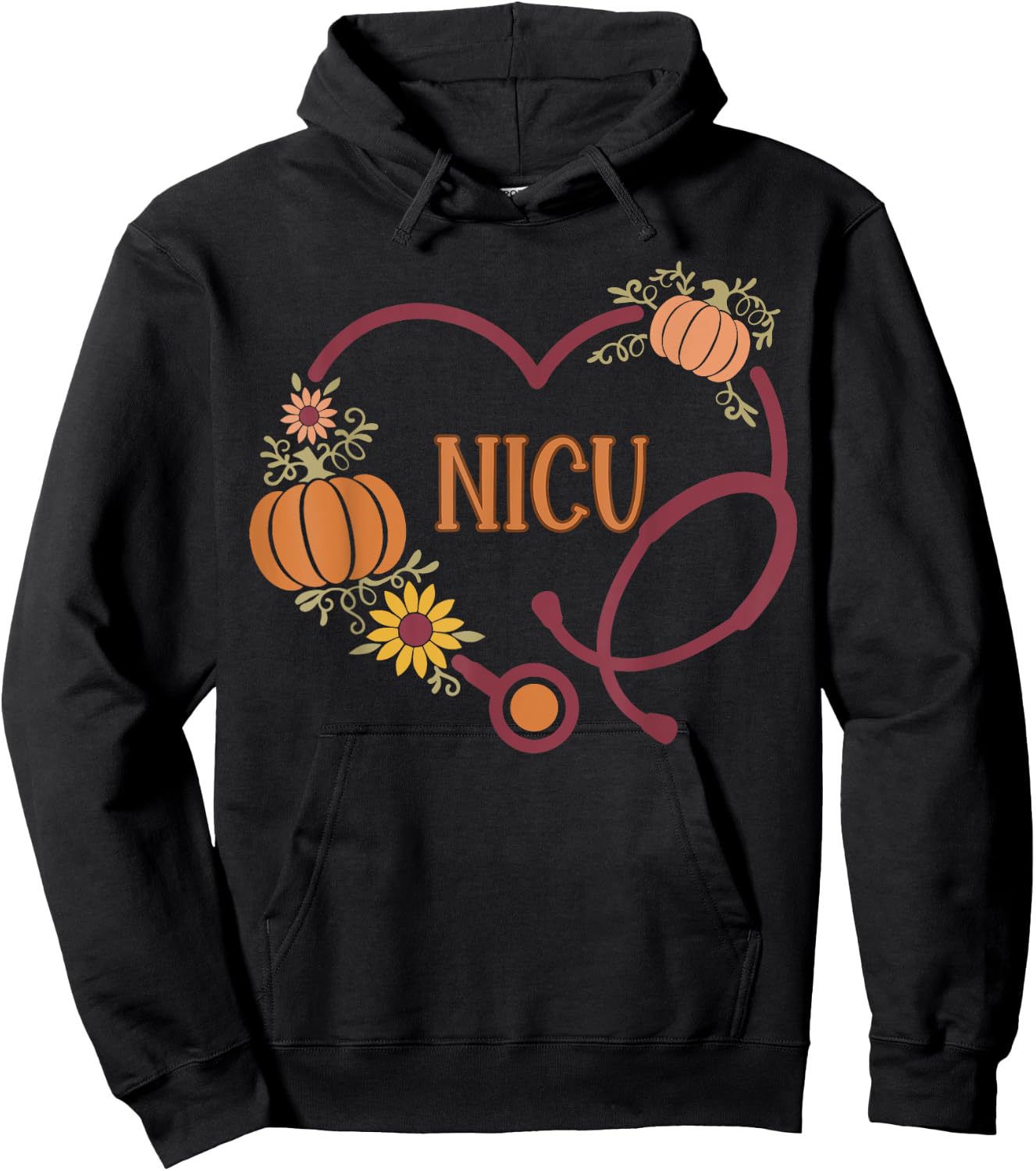 Retro NICU Nurse Stethoscope Heart Pumpkin Fall Thanksgiving Hoodie - Hoodie | Black