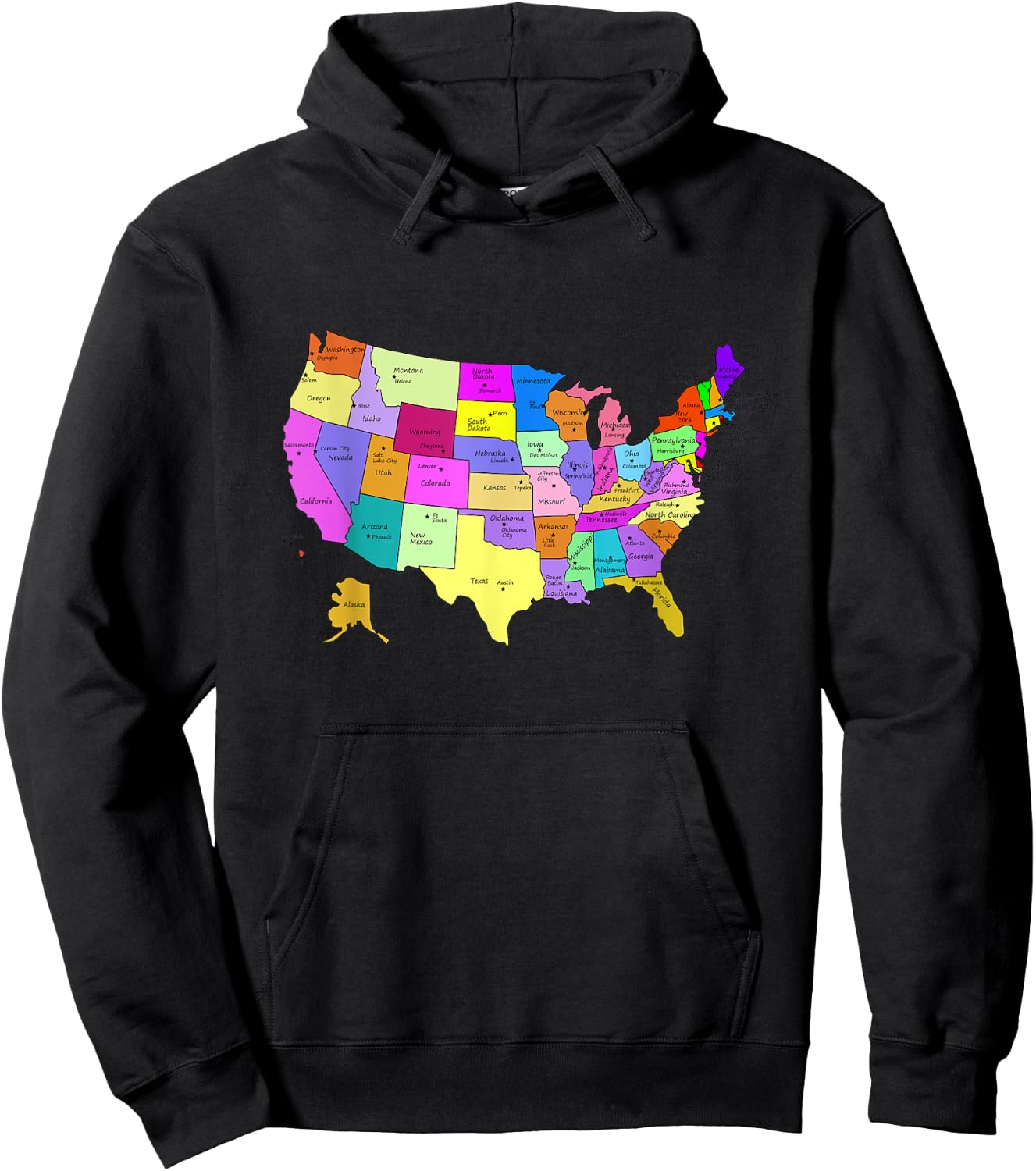 States & Capitals Colorful USA Map School Geography Hoodie - Hoodie | Black