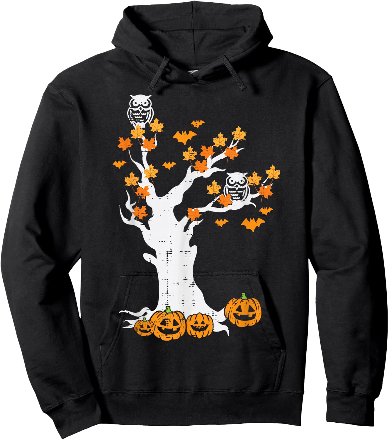Halloween Tree Owl Leaves Pumpkin Fall Costume Women Kid Men Hoodie - Hoodie | Black