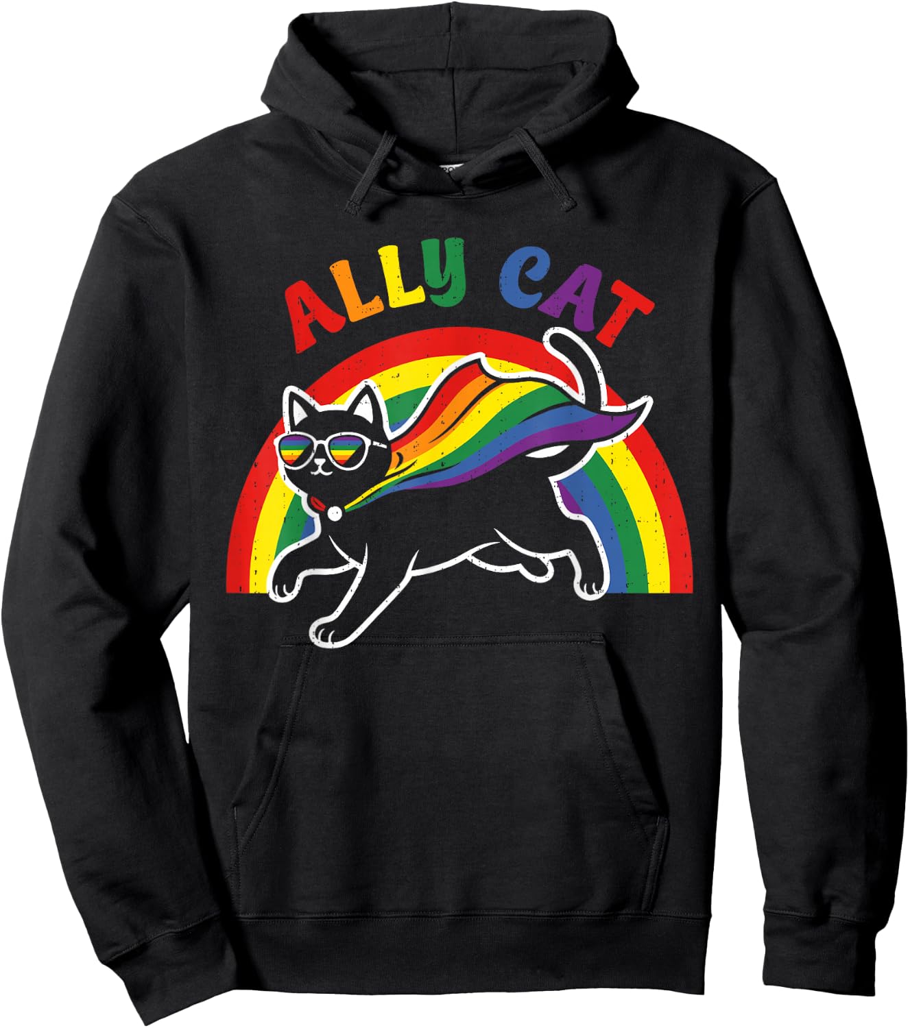 Cat Gay Pride Ally Rainbow Sunglasses LGBTQ Men Women Kids Hoodie - Hoodie | Black