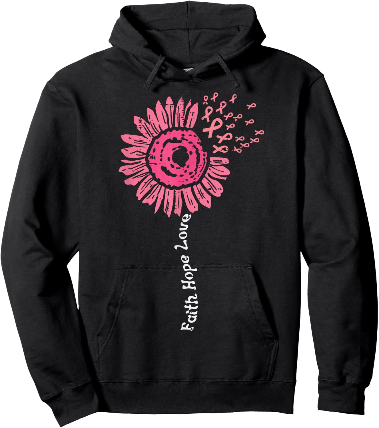 Faith Hope Love Flower Pink Ribbon Breast Cancer Awareness Hoodie - Hoodie | Black