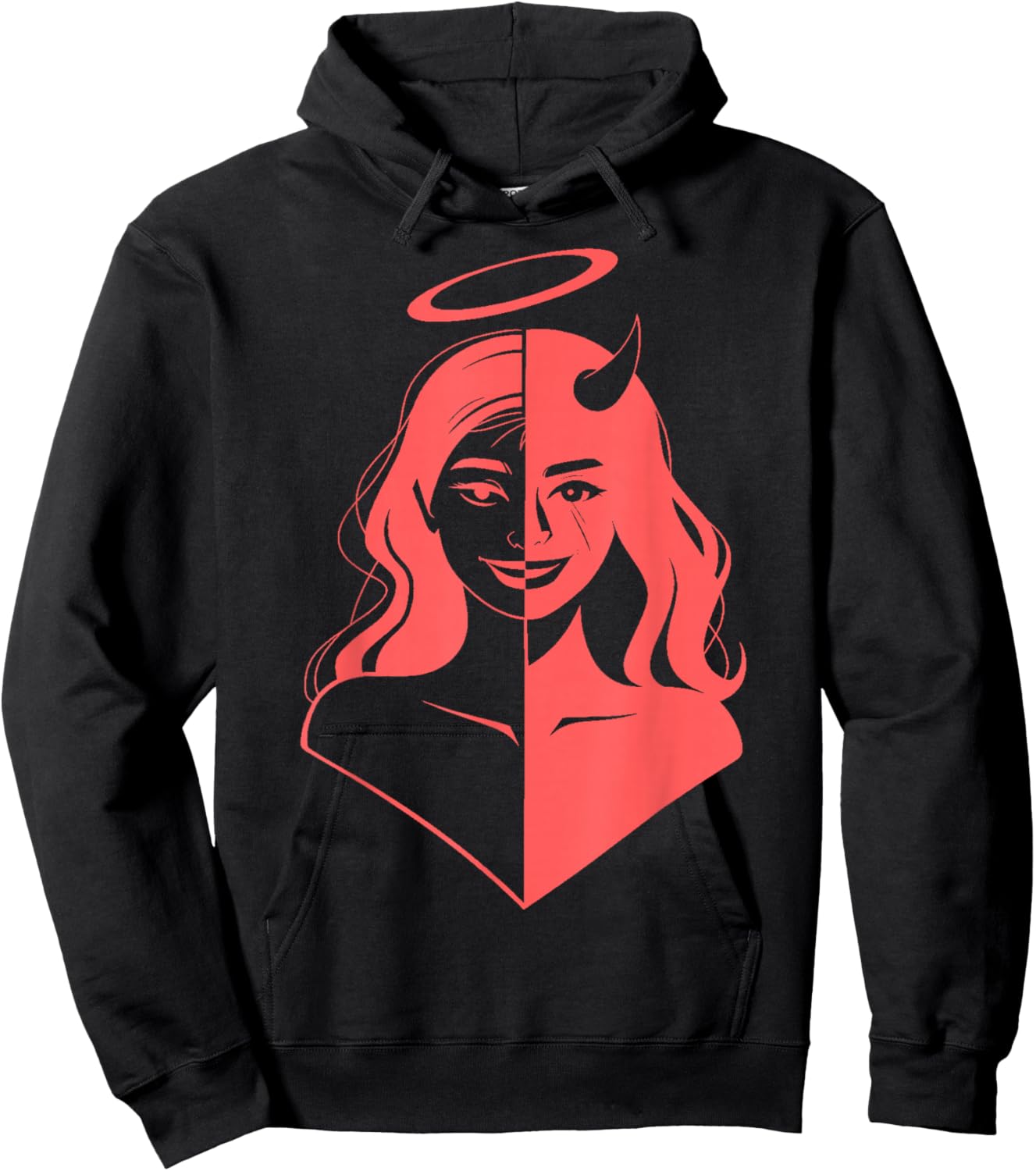 Girl Half Devil Face Half Angel Face Light Red Hoodie - Hoodie | Black