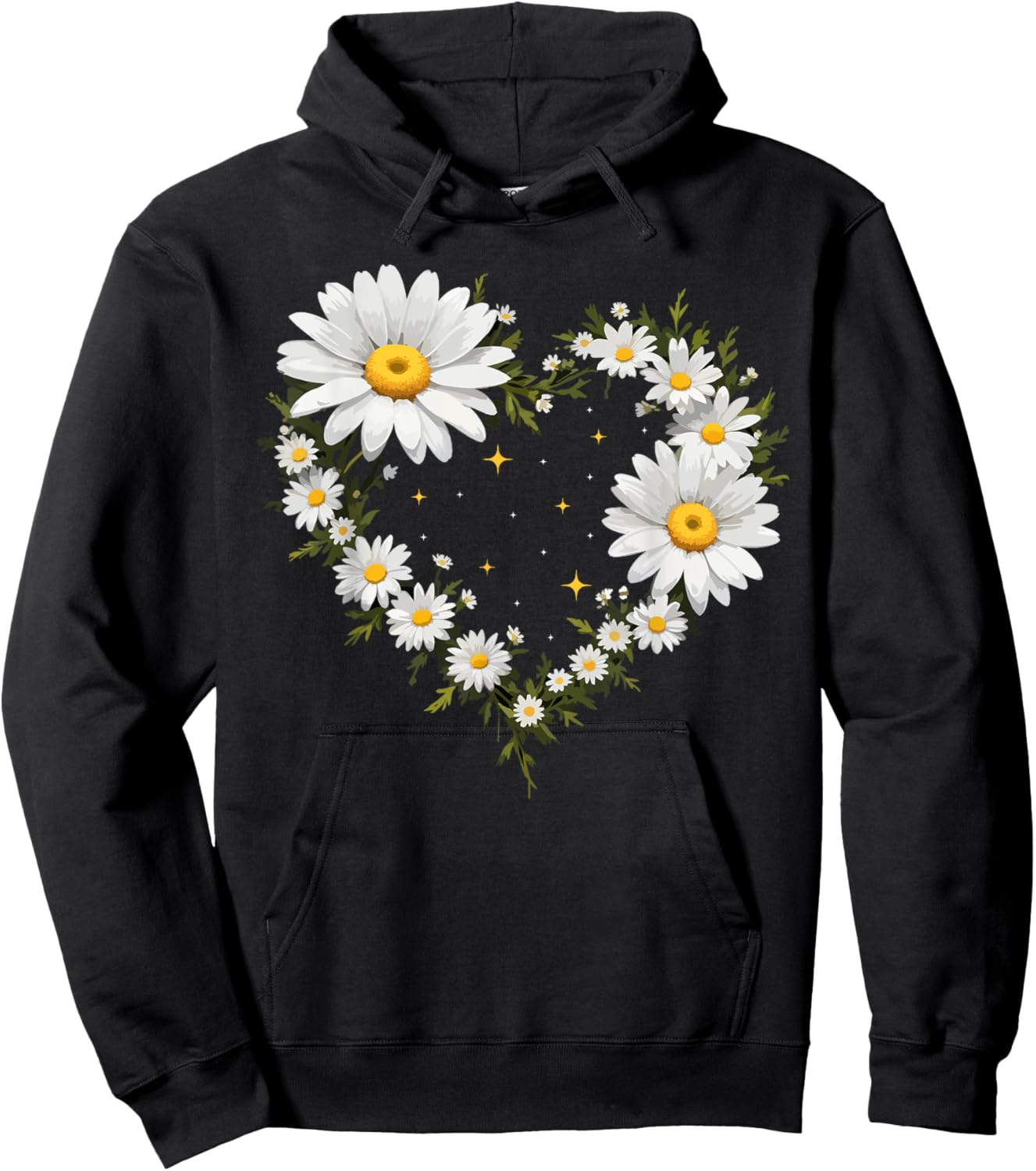 Heart With Daisy Flowers, Daisies With Heart Outline Hoodie - Hoodie | Black