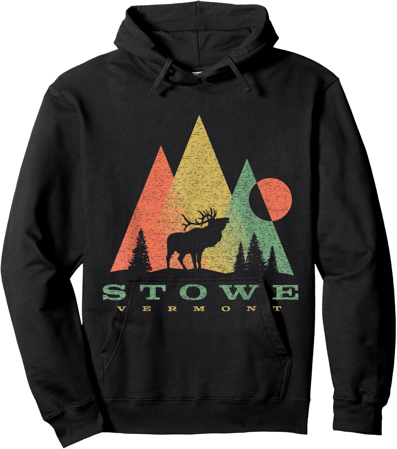 Vintage Geometric Mountains Deer Stowe Vermont Vacation Hoodie - Hoodie | Black