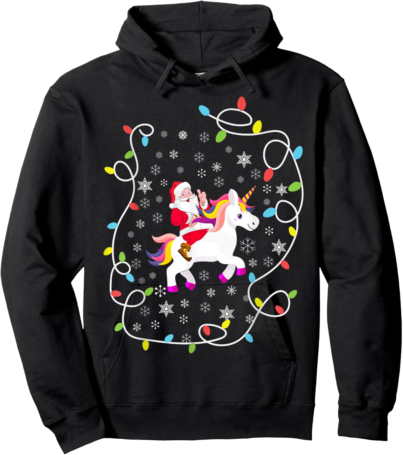Santa Riding Unicorn Christmas Lights Merry Christmas Tree Hoodie - Hoodie | Black
