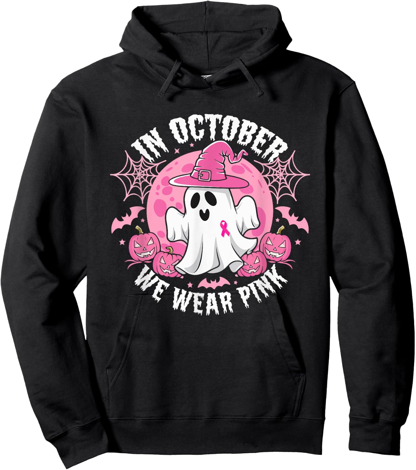 In October We Wear Pink Ribbon Ghost Witch Hat Halloween Hoodie - Hoodie | Black