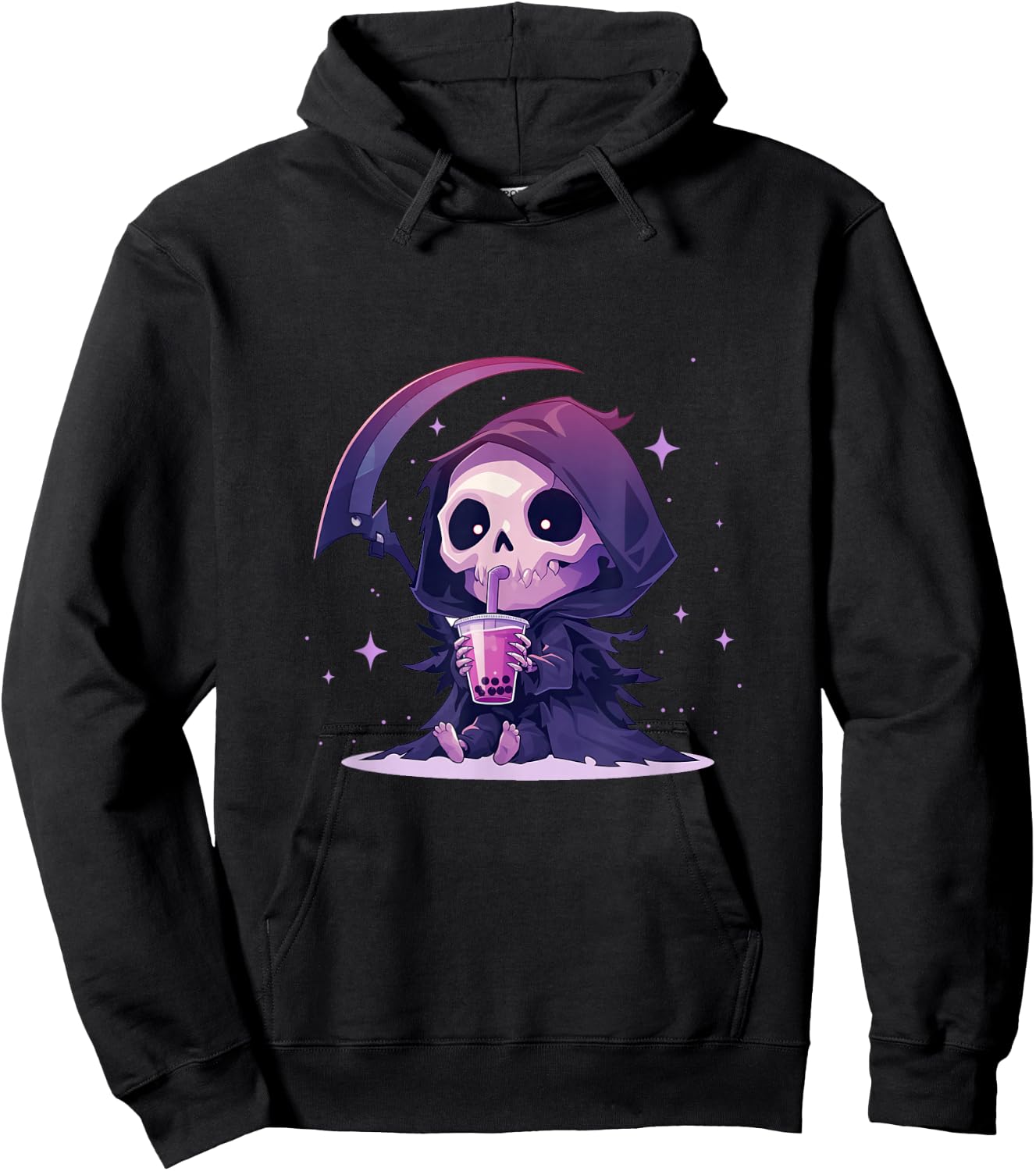 Chibi Grim Reaper Drinking Boba Tea Hoodie - Hoodie | Black