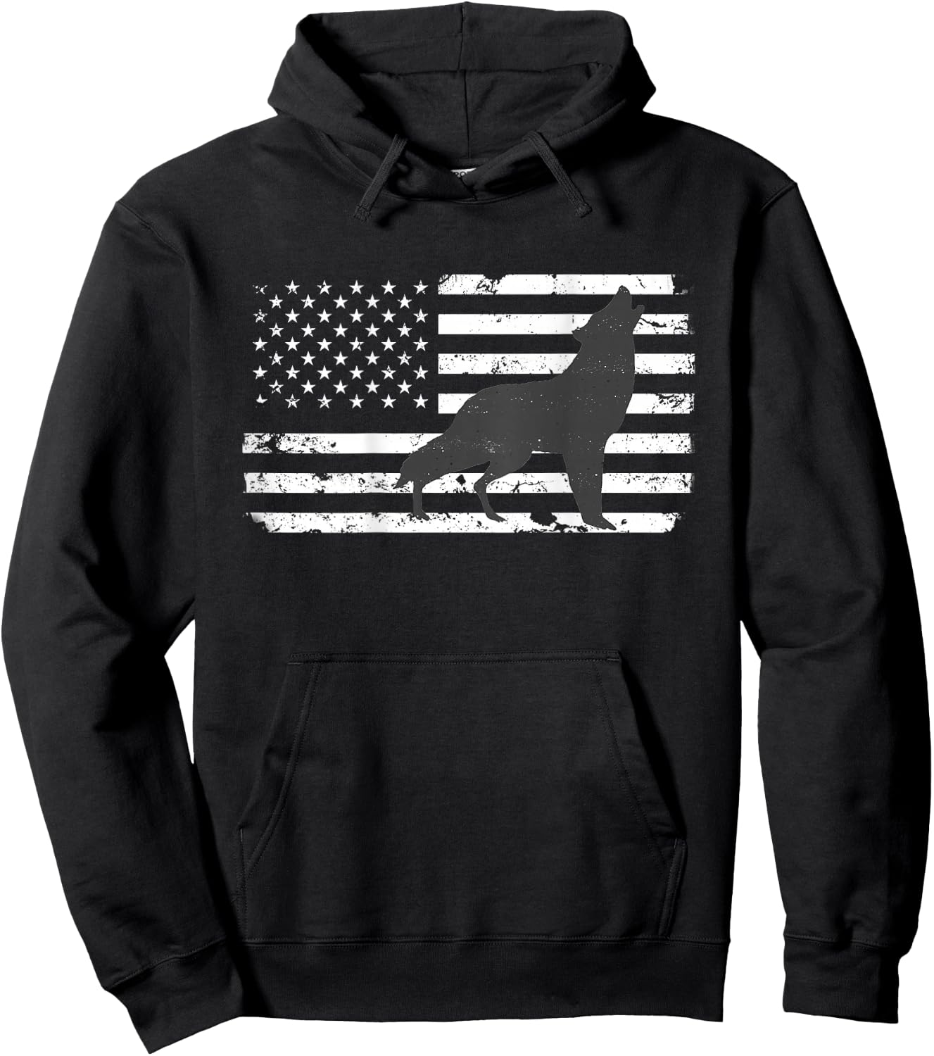 Gray Lone Wolf Distressed American Flag BACK PRINT Hoodie - Hoodie | Black