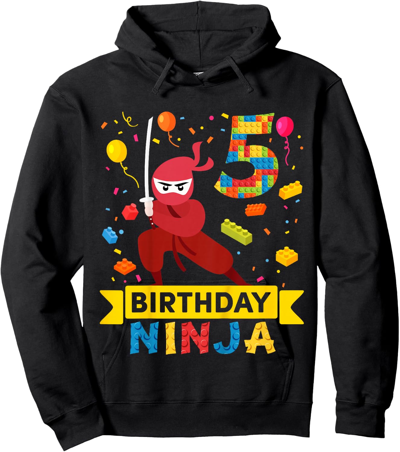 Kids 5 Year Old Building Blocks Ninja 5th Birthday Boy Hoodie - Hoodie | Black