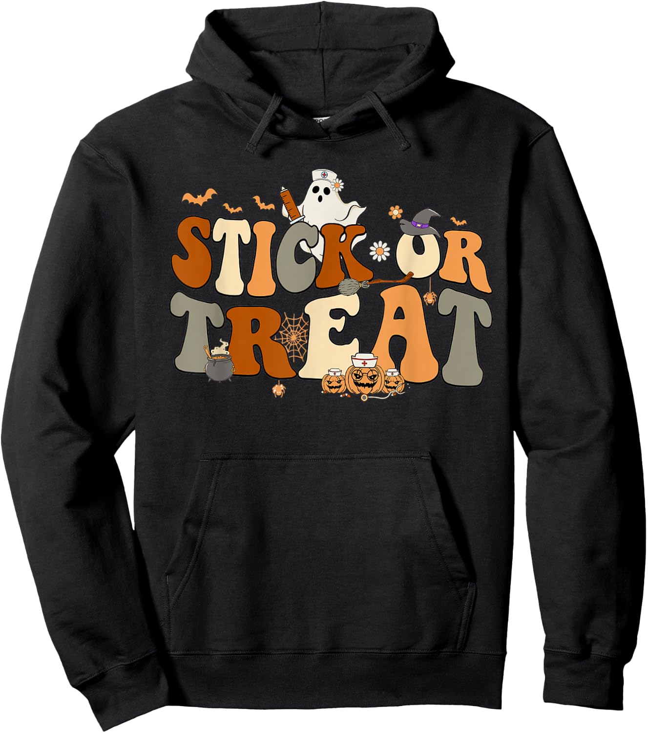Retro Ghost Stick or Treat Halloween Nurse Spooky Nurse Hoodie - Hoodie | Black