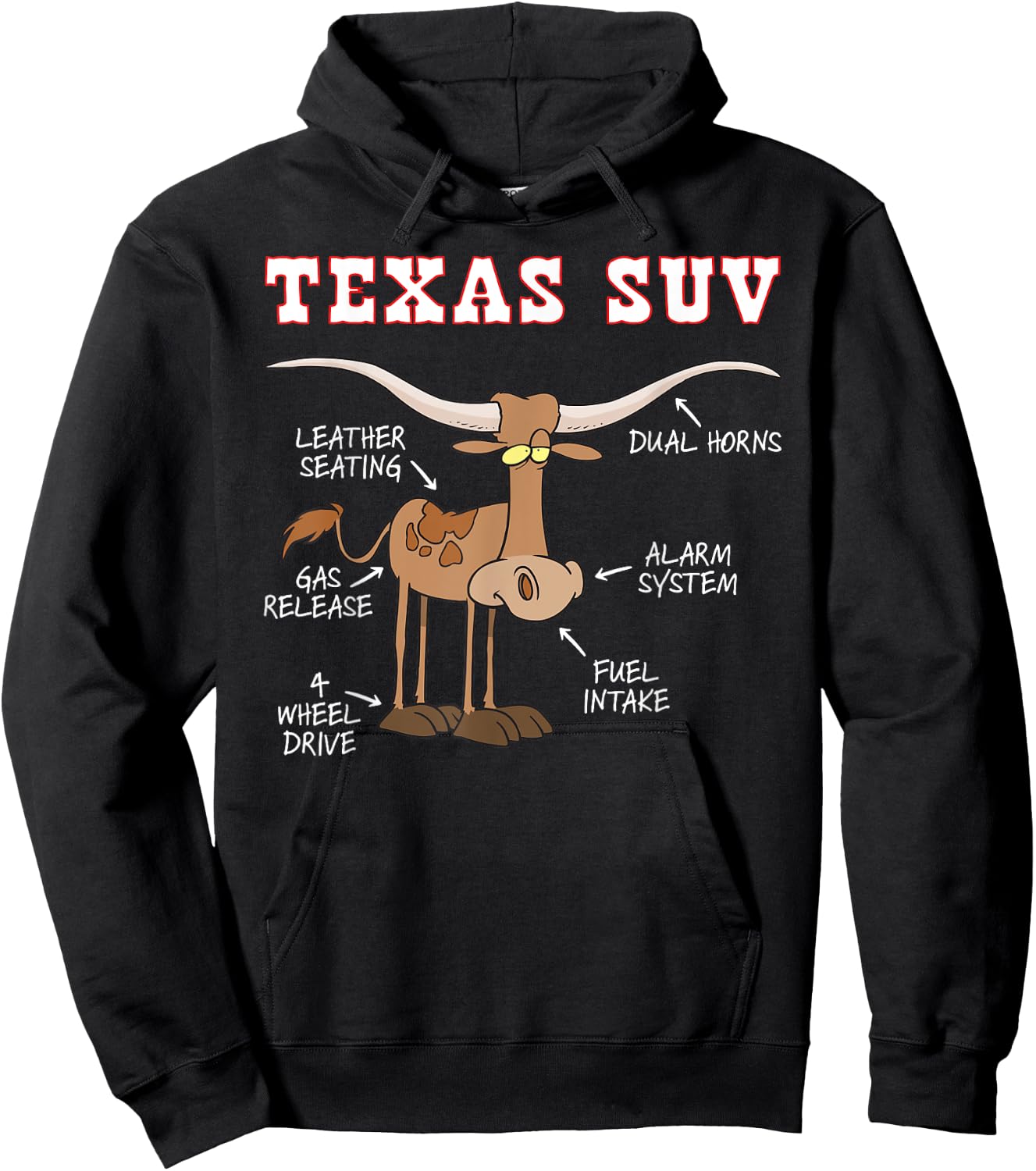 Texas TX SUV Funny Joke Longhorn Cattle Cow Hoodie - Hoodie | Black