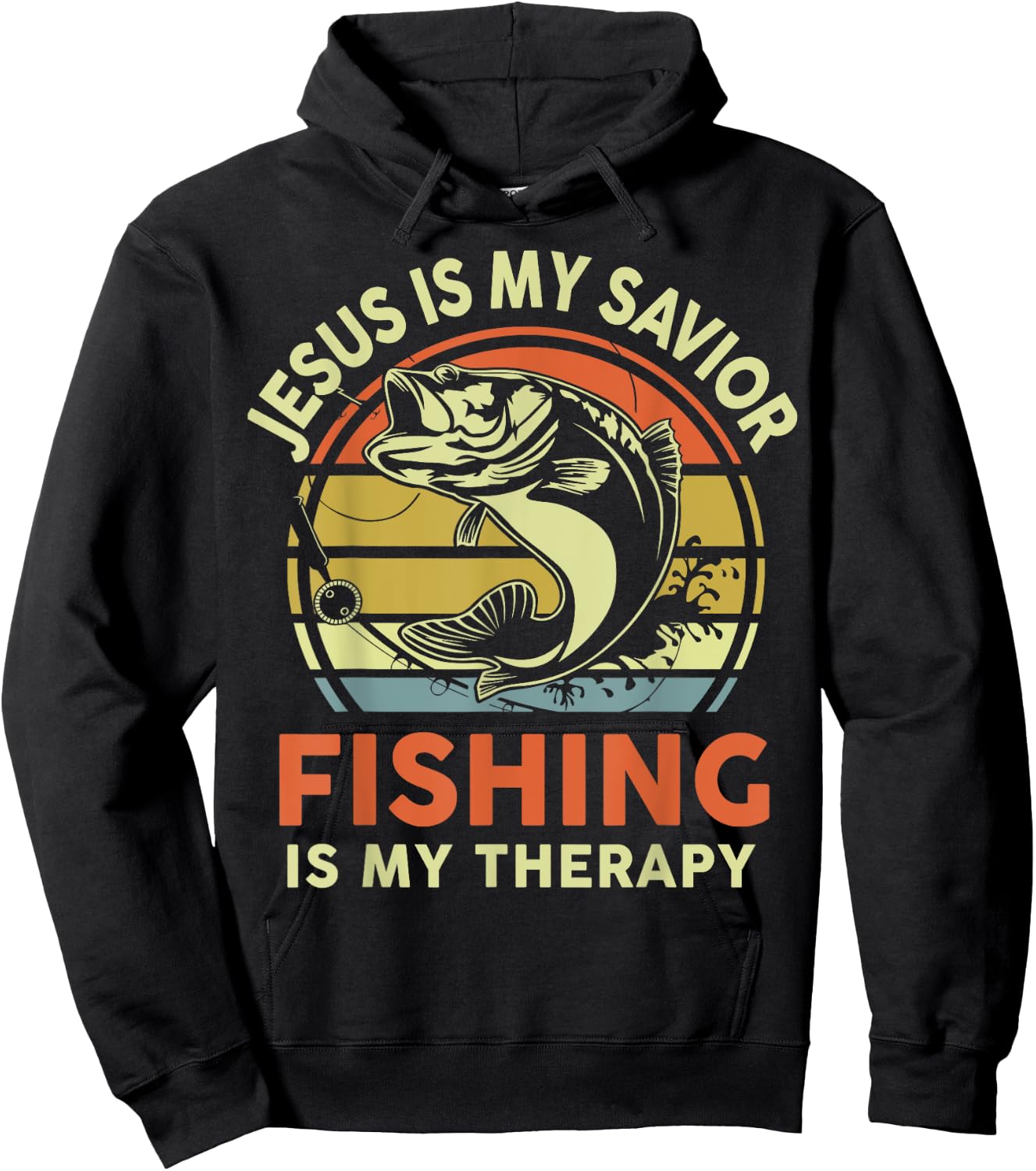 Jesus Is My Savior Fishing Therapy Funny Christian Bass Dad Hoodie - Hoodie | Black
