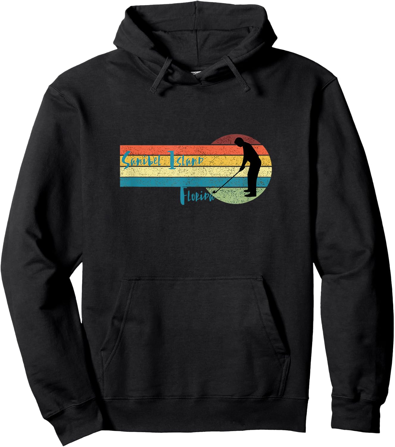 Golf Sanibel Island Fl: Man Golfing in Vintage Sunset Hoodie - Hoodie | Black