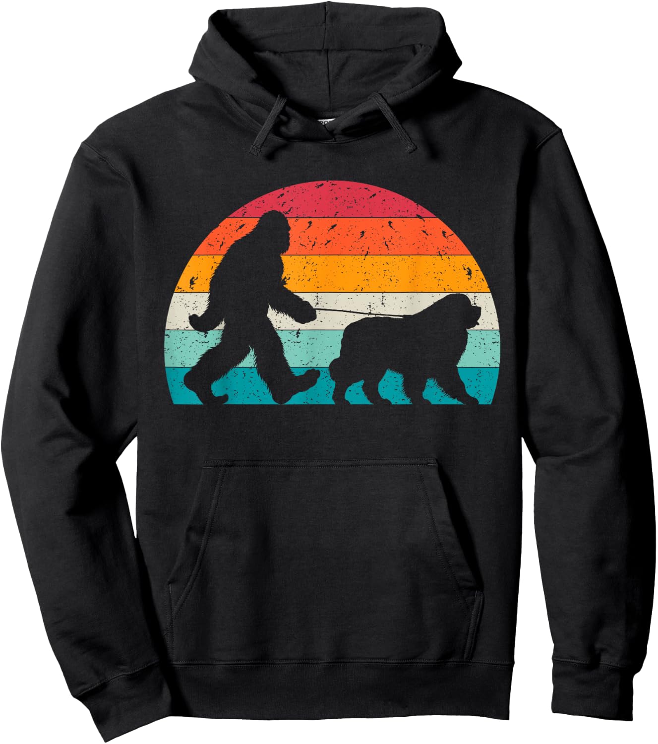 Bigfoot Walking a Dog Funny Newfie Lovers Dog Dad Women Kids Hoodie - Hoodie | Black