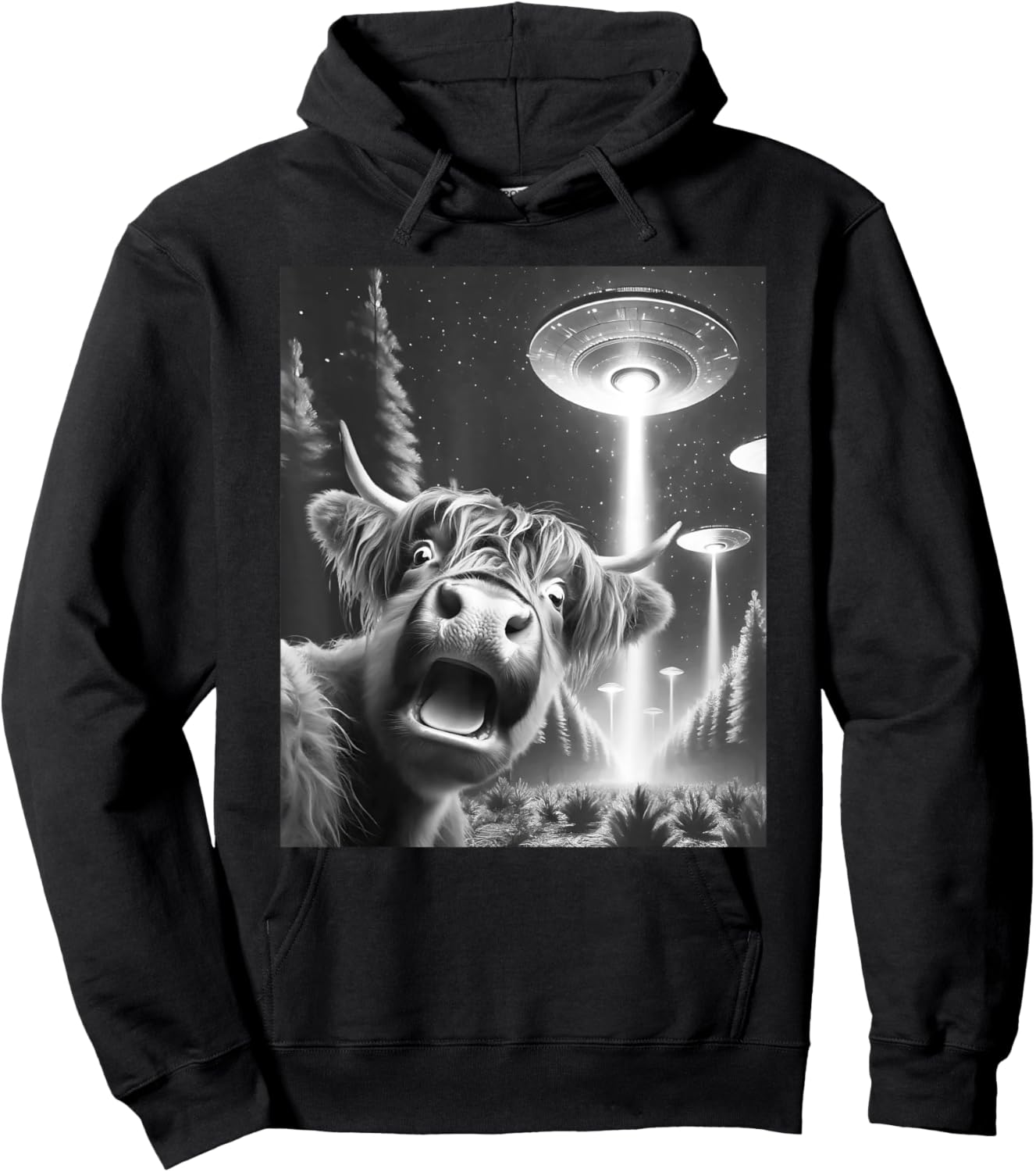 Funny Highland Cow Alien UFO Taking a Selfie Animal Lover Hoodie - Hoodie | Black