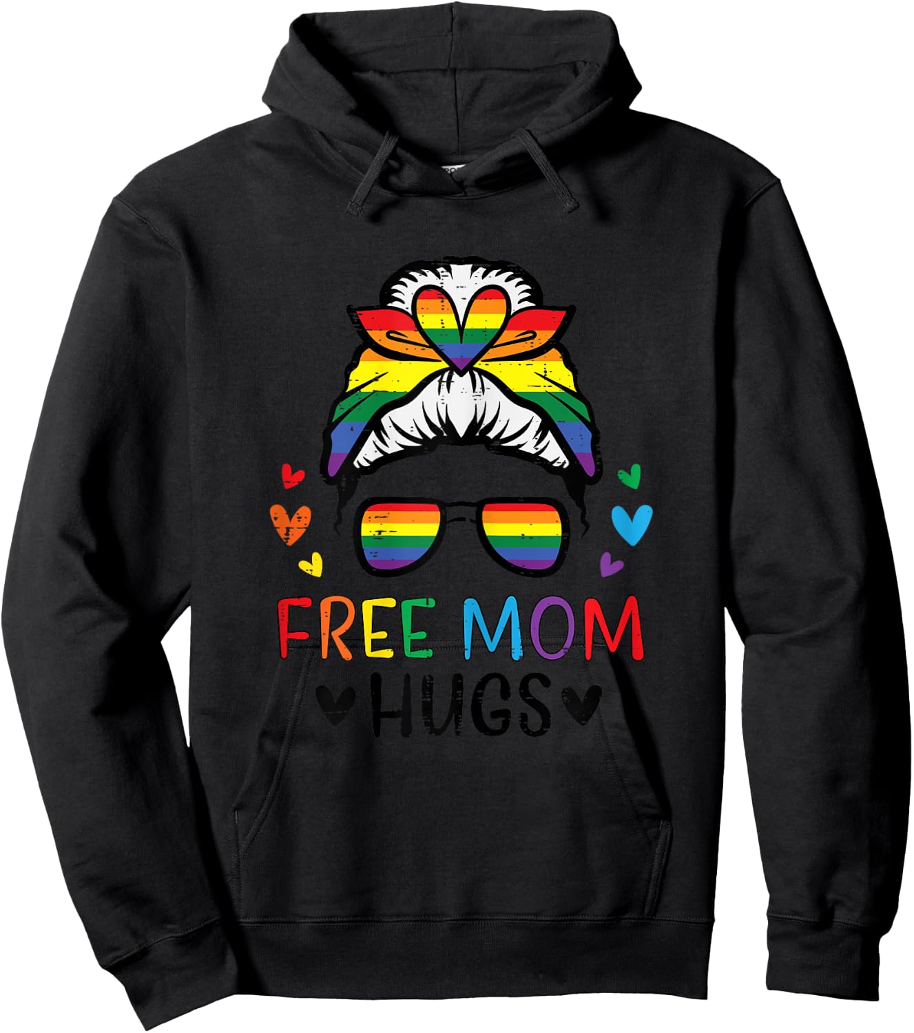 Gay Free Mom Hugs Messy Bun Rainbow Pride Flag Ally Mama Hoodie - Hoodie | Black