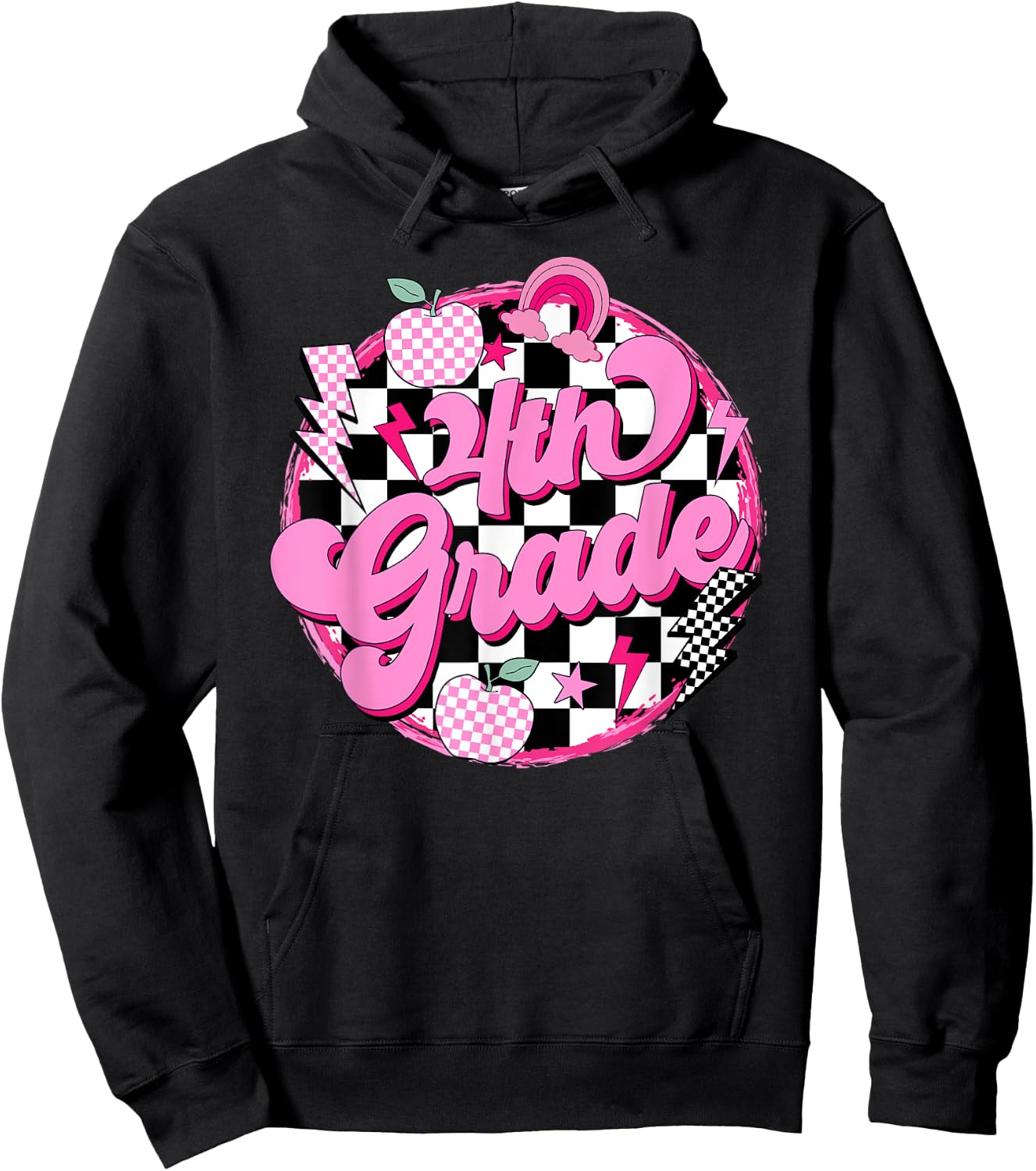 4th Grade Teacher Women Retro Checkered First Day of School Hoodie - Hoodie | Black