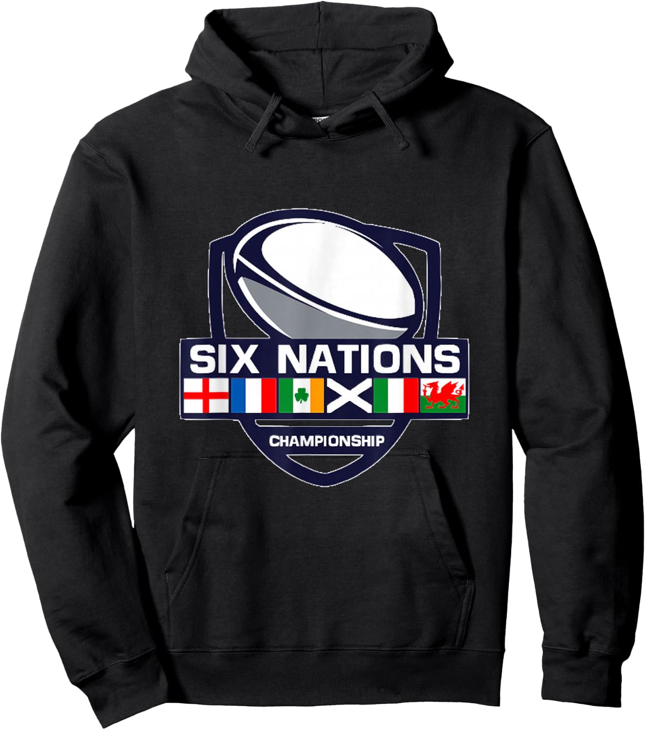 Rugby 6 Nations Apparel Six Nations , Men-Adults, , Short Sleeve, Black, Small, Cotton 65%, Polyester 35% Hoodie - Hoodie | Black