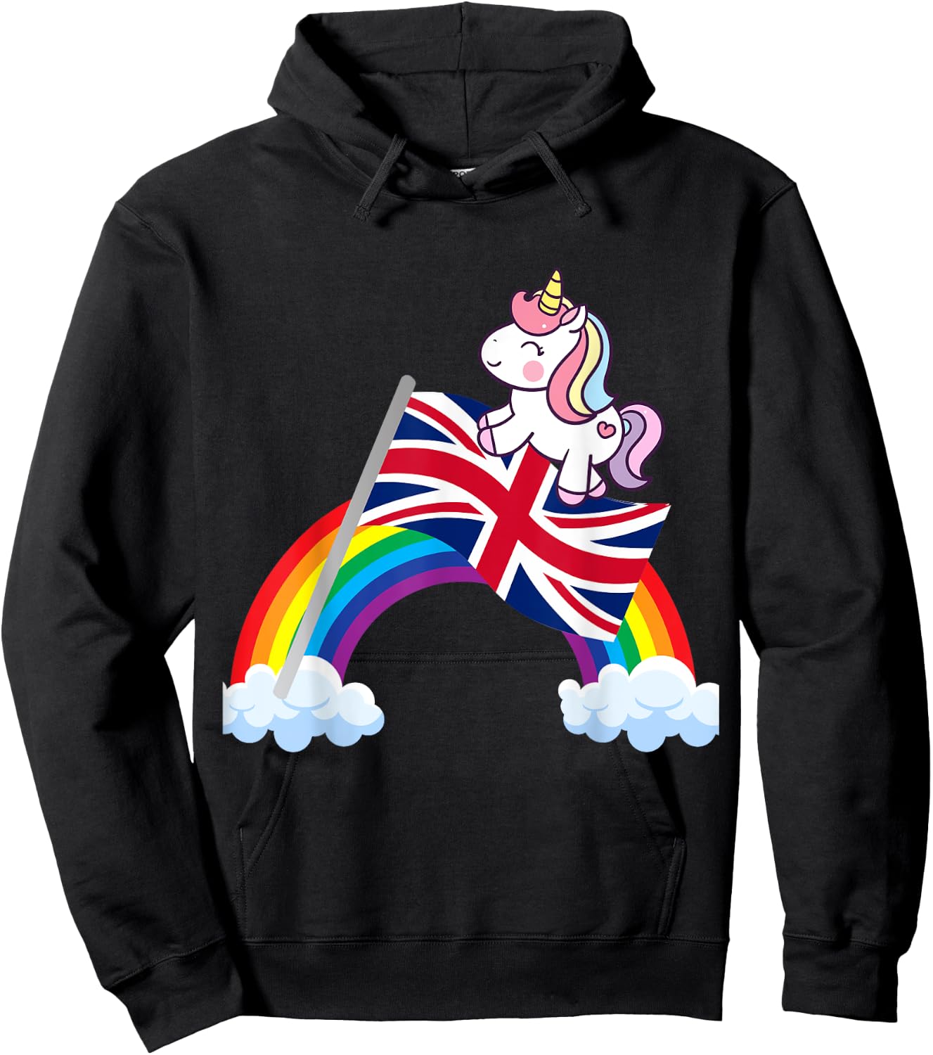 Unicorn Riding British UK Flag Boys Girls Women Kids Rainbow Hoodie - Hoodie | Black