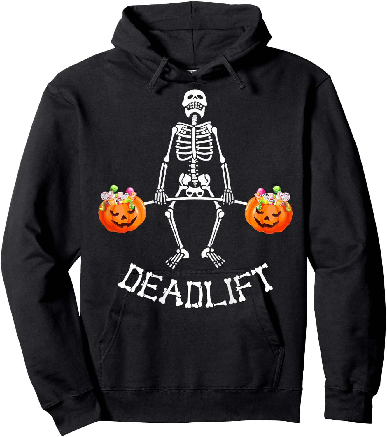 Skeleton Dead Lift Candy Buckets Halloween Workout On Back Hoodie - Hoodie | Black