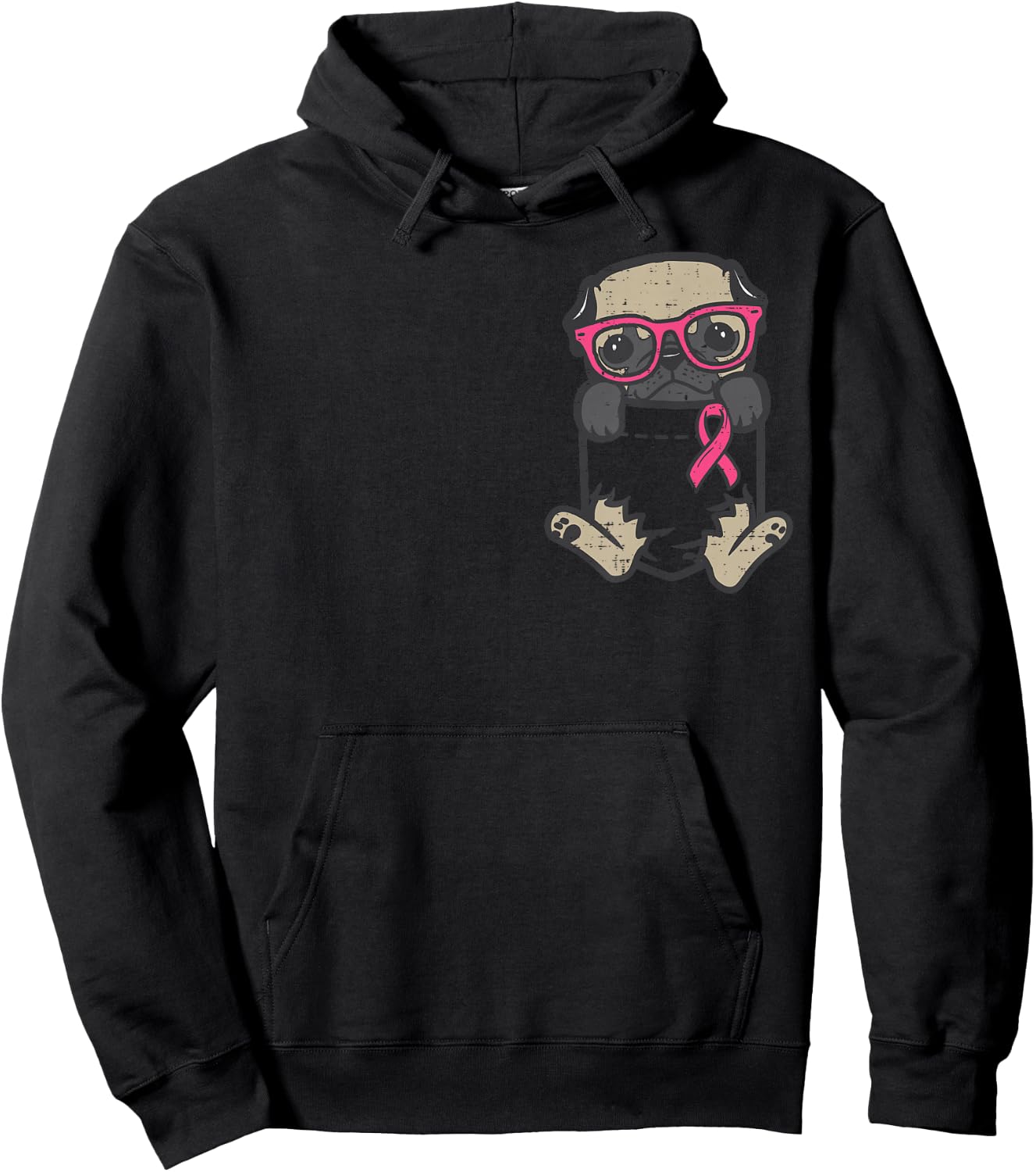 Pocket Pug Dog Pink Ribbon Breast Cancer Awareness Dog Hoodie - Hoodie | Black