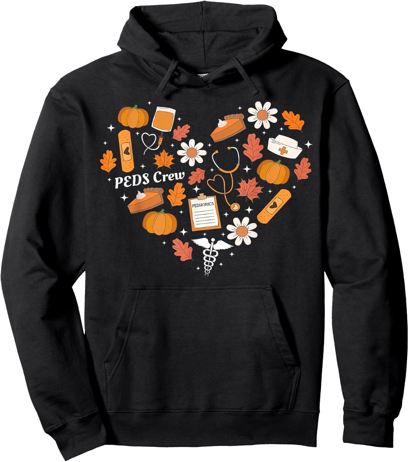 PEDS Crew Nurse Fall Heart Pediatric Pumpkin Thanksgiving Hoodie - Hoodie | Black