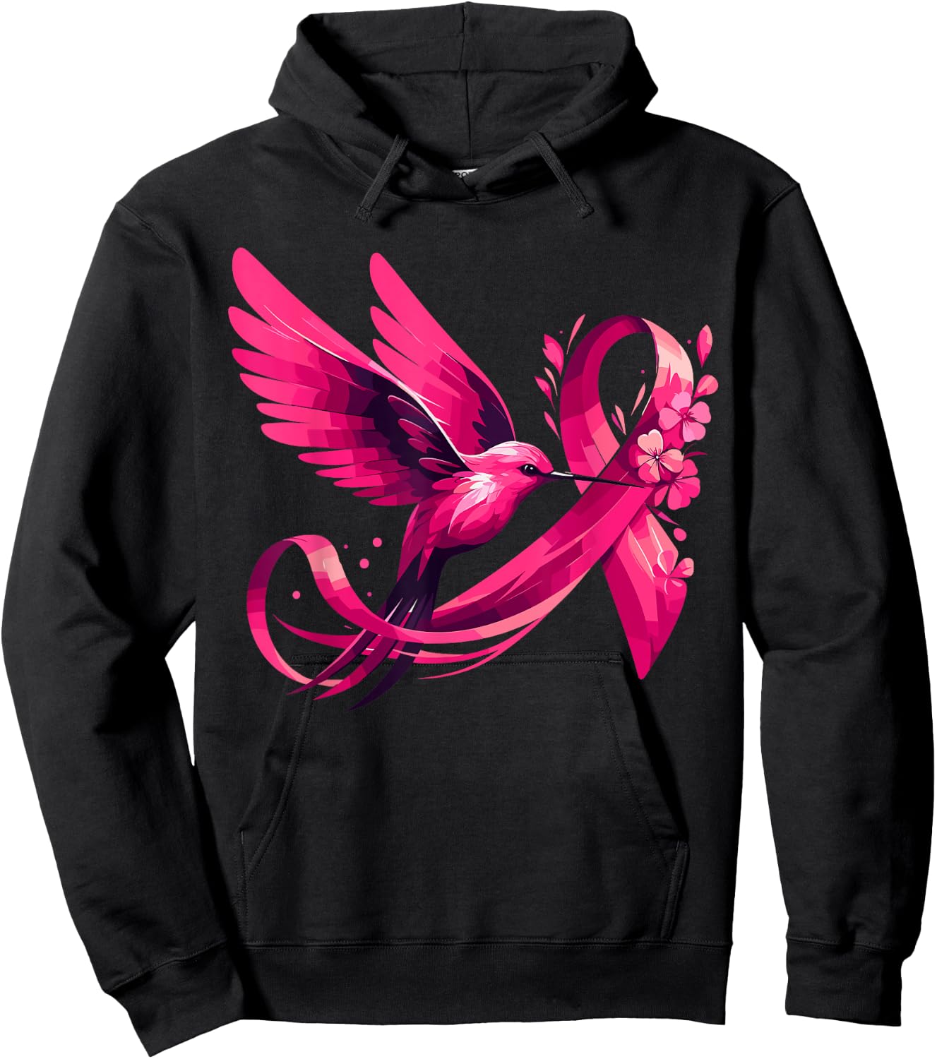 Hummingbird Flower Pink Ribbon Breast Cancer Awareness Hoodie - Hoodie | Black