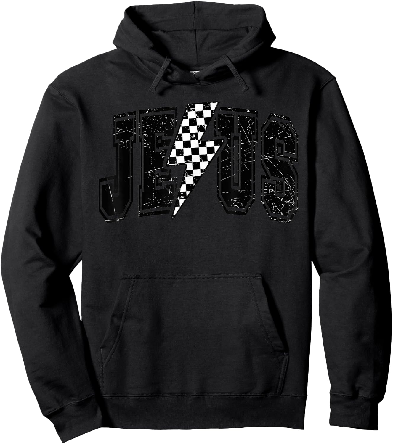 Funny Retro Groovy Checkered Jesus Lightning Bolt Apparel Hoodie - Hoodie | Black