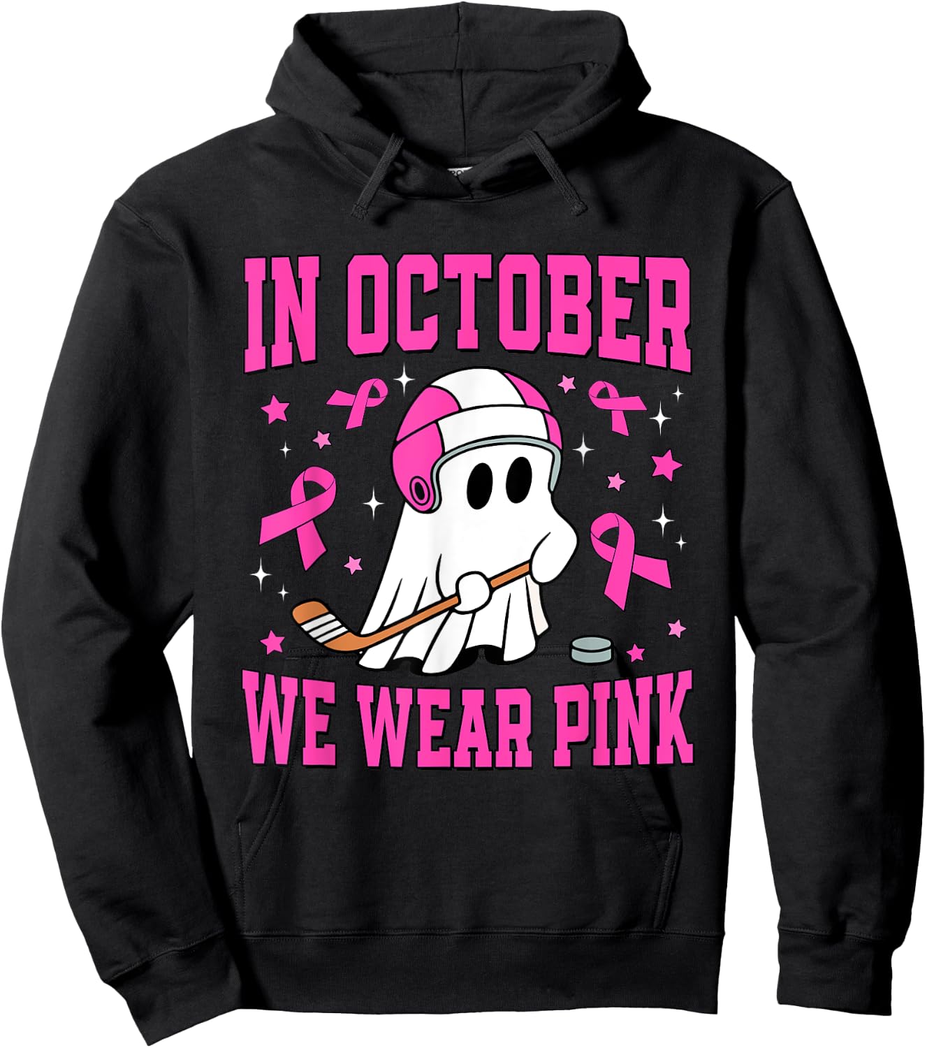 In October We Wear Pink Ghost Hockey Breast Cancer Hoodie - Hoodie | Black