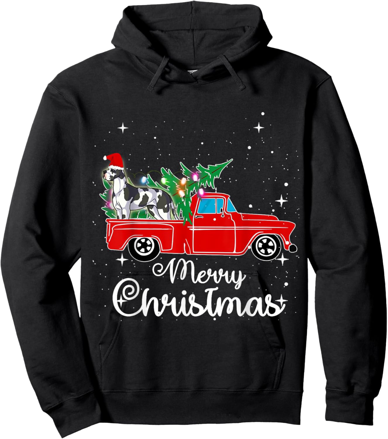 Great Dane Dog Red Truck Christmas Tree Lights Merry Xmas Women Kids Hoodie - Hoodie | Black