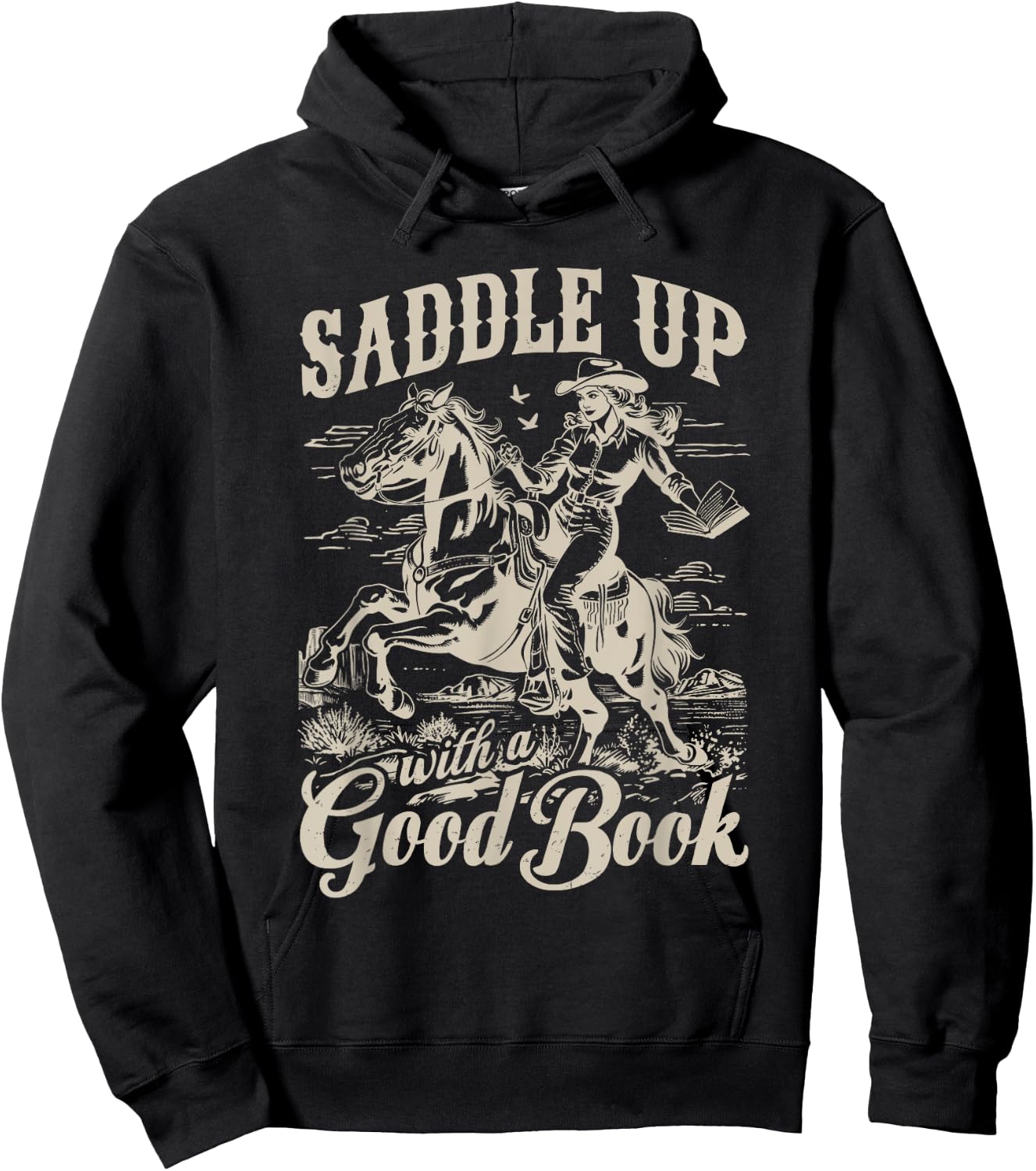 Bookish Retro Western Cowgirl Texas Book Lover Novel Reader Hoodie - Hoodie | Black