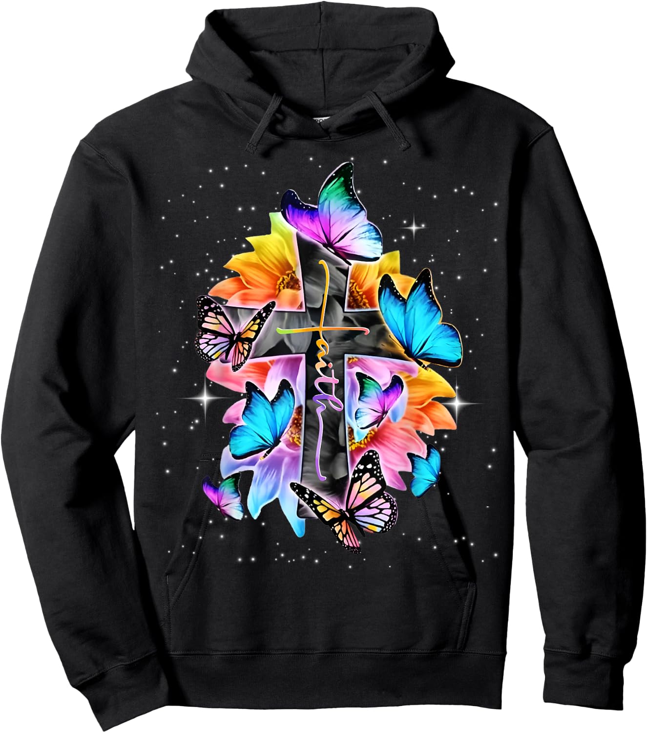 Faith - Cross Floral Butterflies Christ Flowers Religious Hoodie - Hoodie | Black