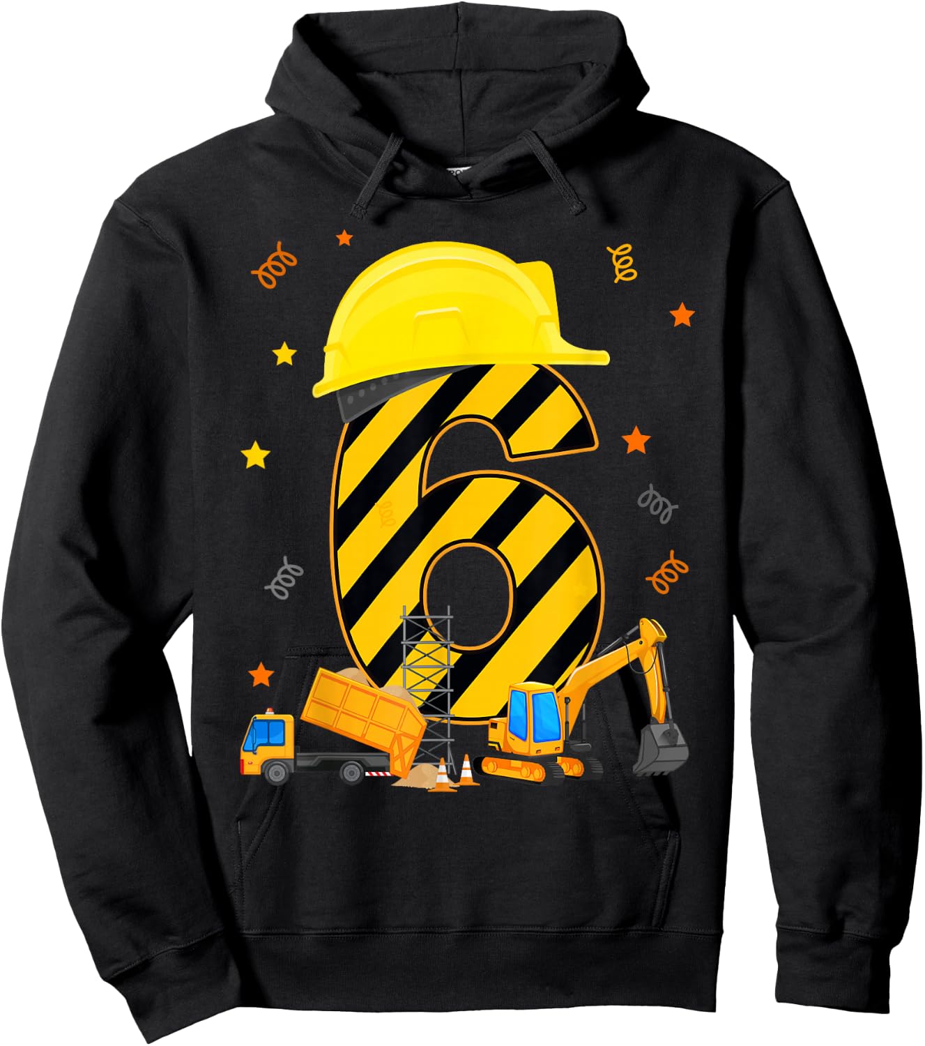 Six 6 Year Old 6th Birthday Construction Vehicles 6yr Hoodie - Hoodie | Black
