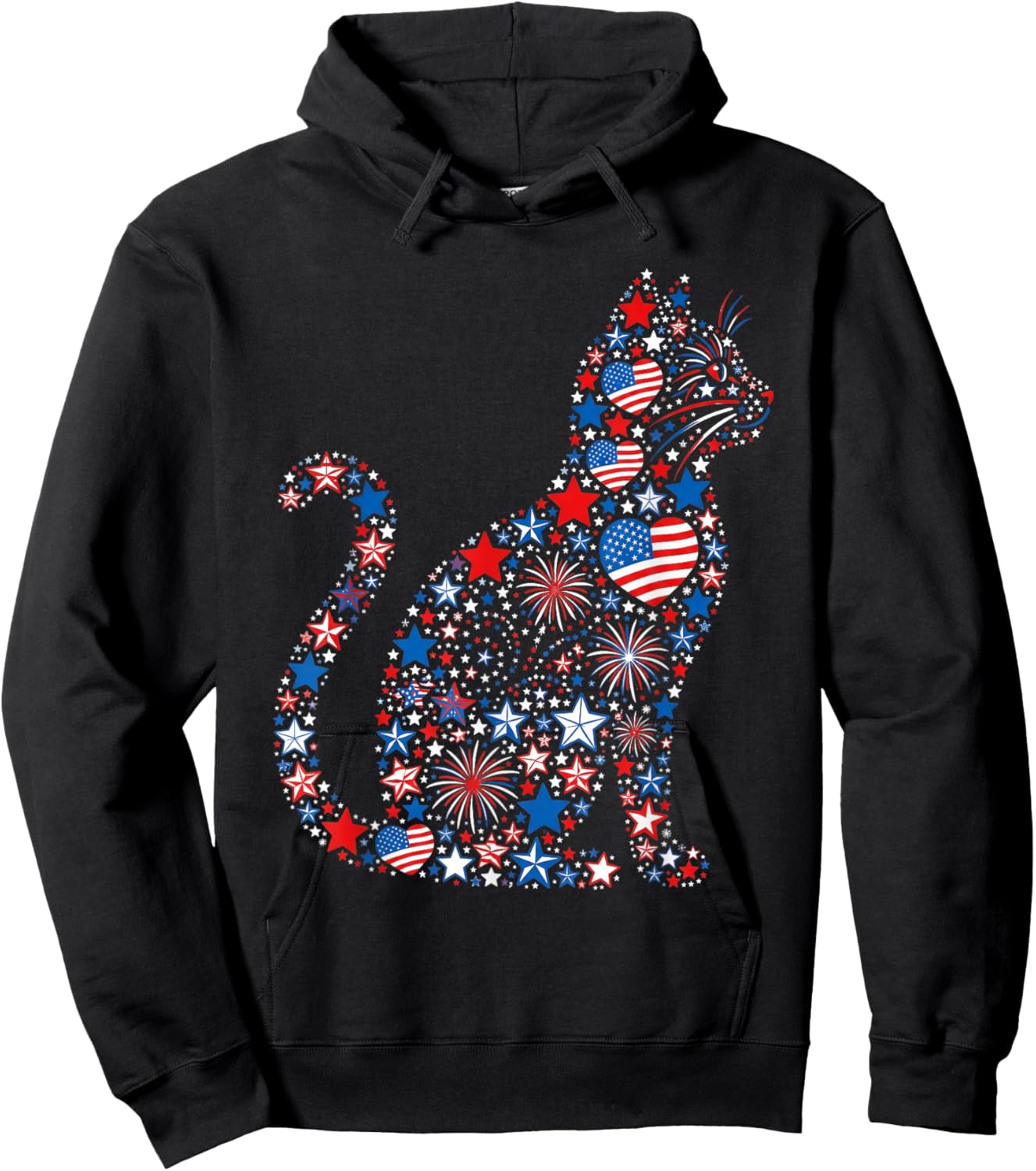 Cat American USA Flag Fireworks Patriotic Fourth of July Hoodie - Hoodie | Black