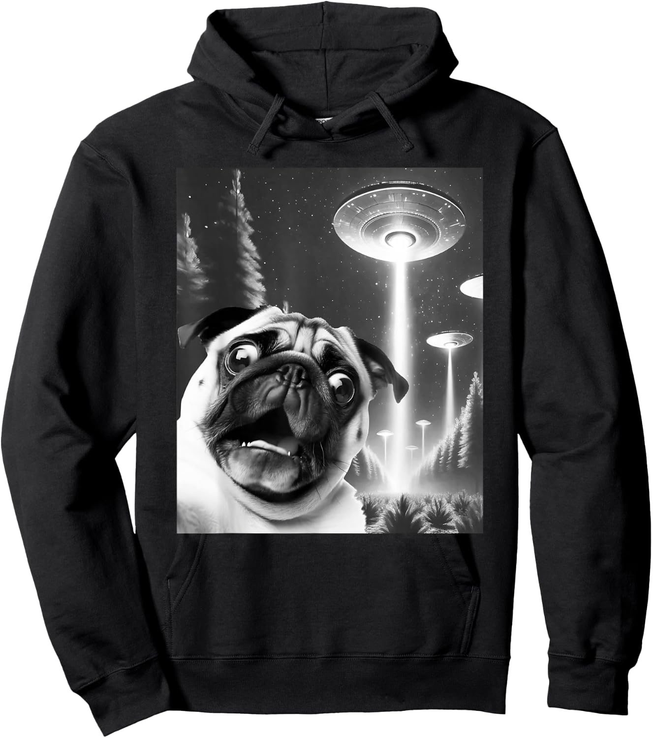 Funny Pug Alien UFO Taking a Selfie Dog Mom Dad Hoodie - Hoodie | Black