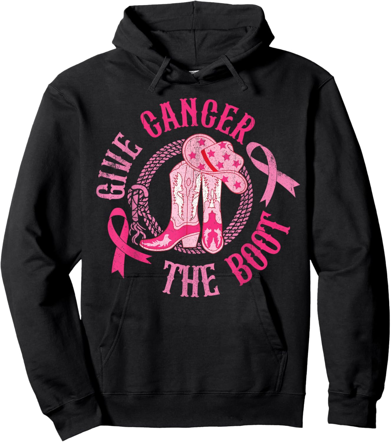 Give Cancer Boot Cowgirl Western Breast Cancer Pink Ribbon Hoodie - Hoodie | Black
