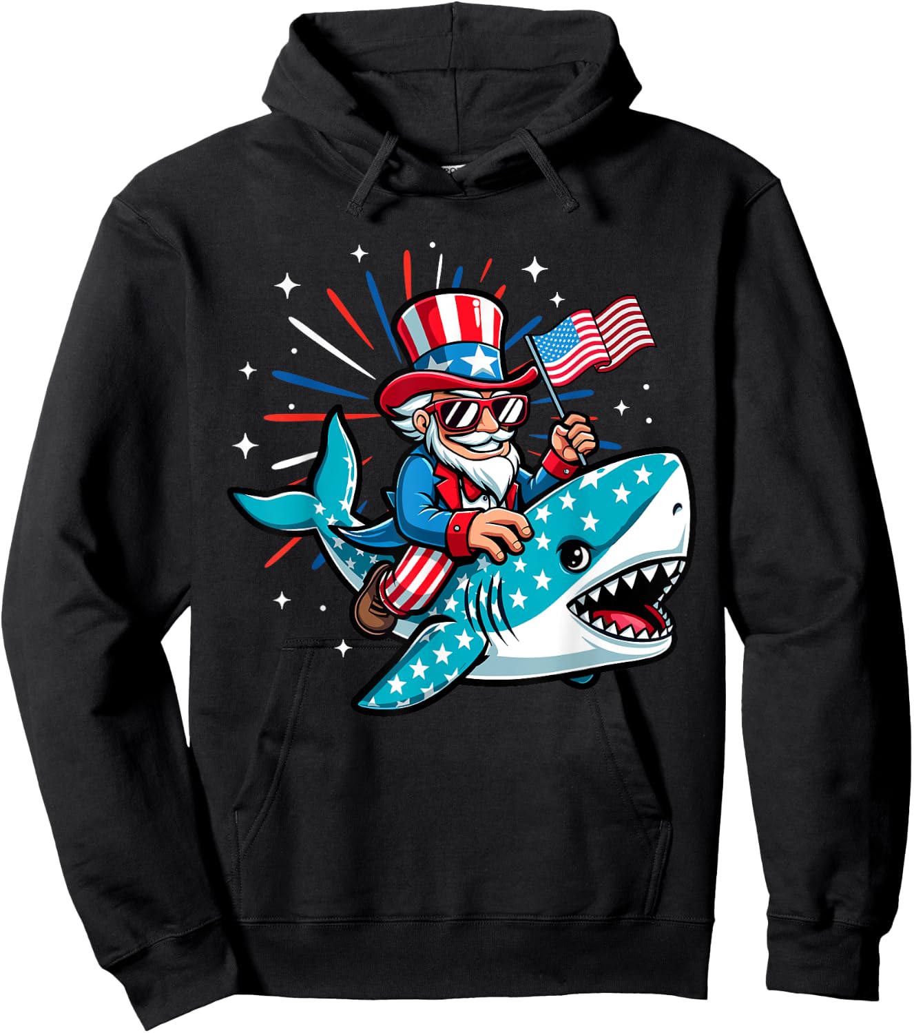 Funny Uncle Sam Riding Shark 4th of July Boys American Flag Hoodie - Hoodie | Black