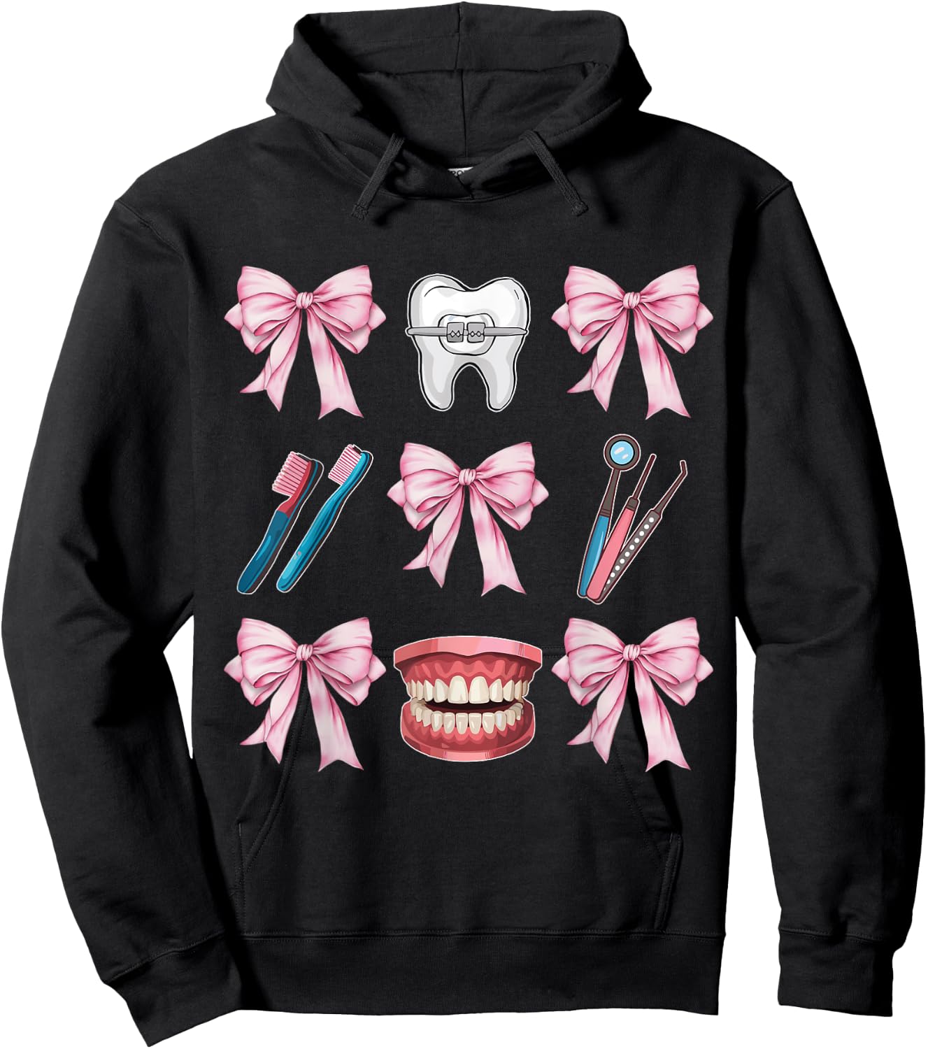 Cute Pink Coquette Bow Dentist Squad Teeth Dental Assistant Hoodie - Hoodie | Black