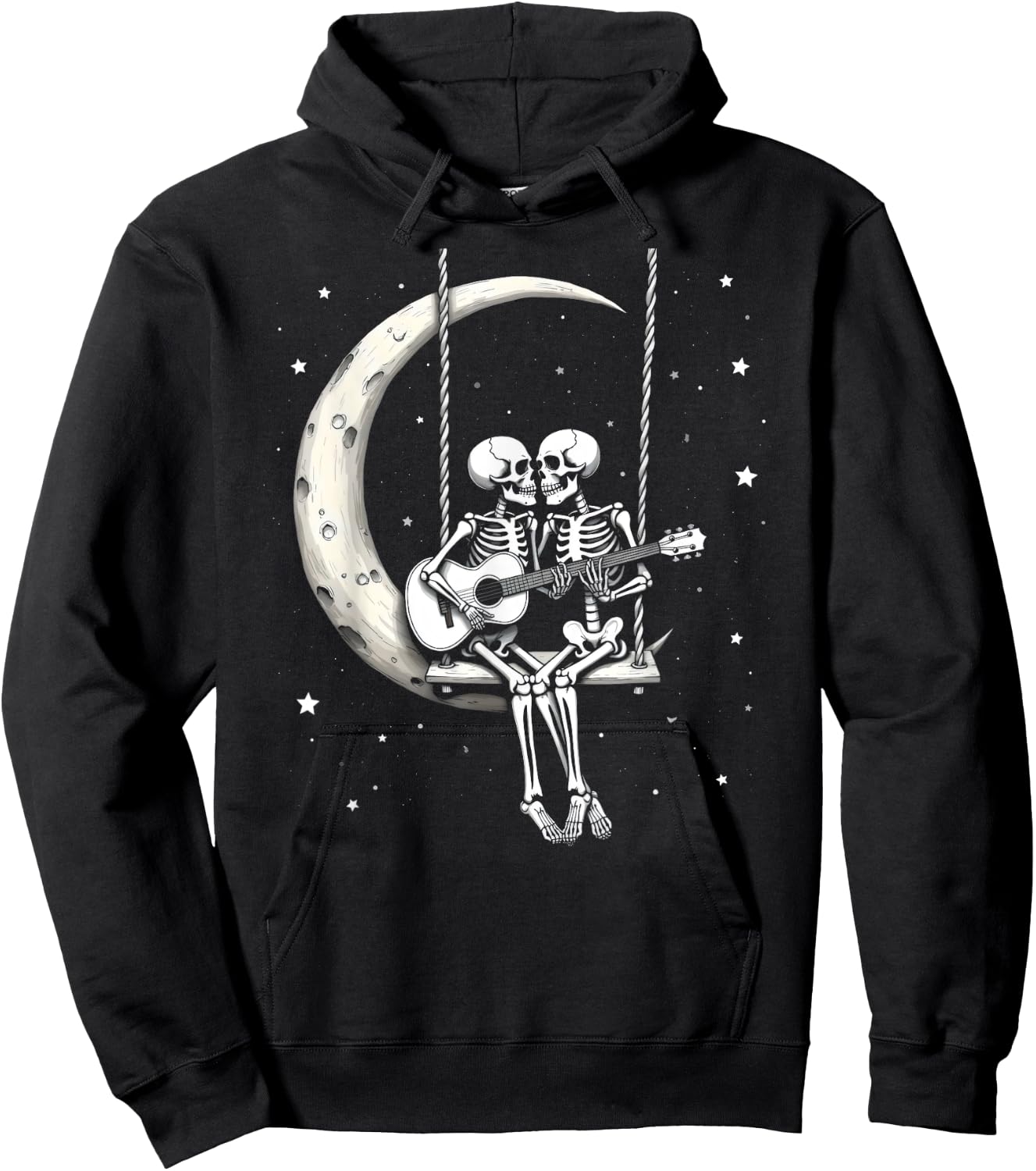 Skeleton Couple Playing Guitar on Moon Swing Halloween Band Hoodie - Hoodie | Black
